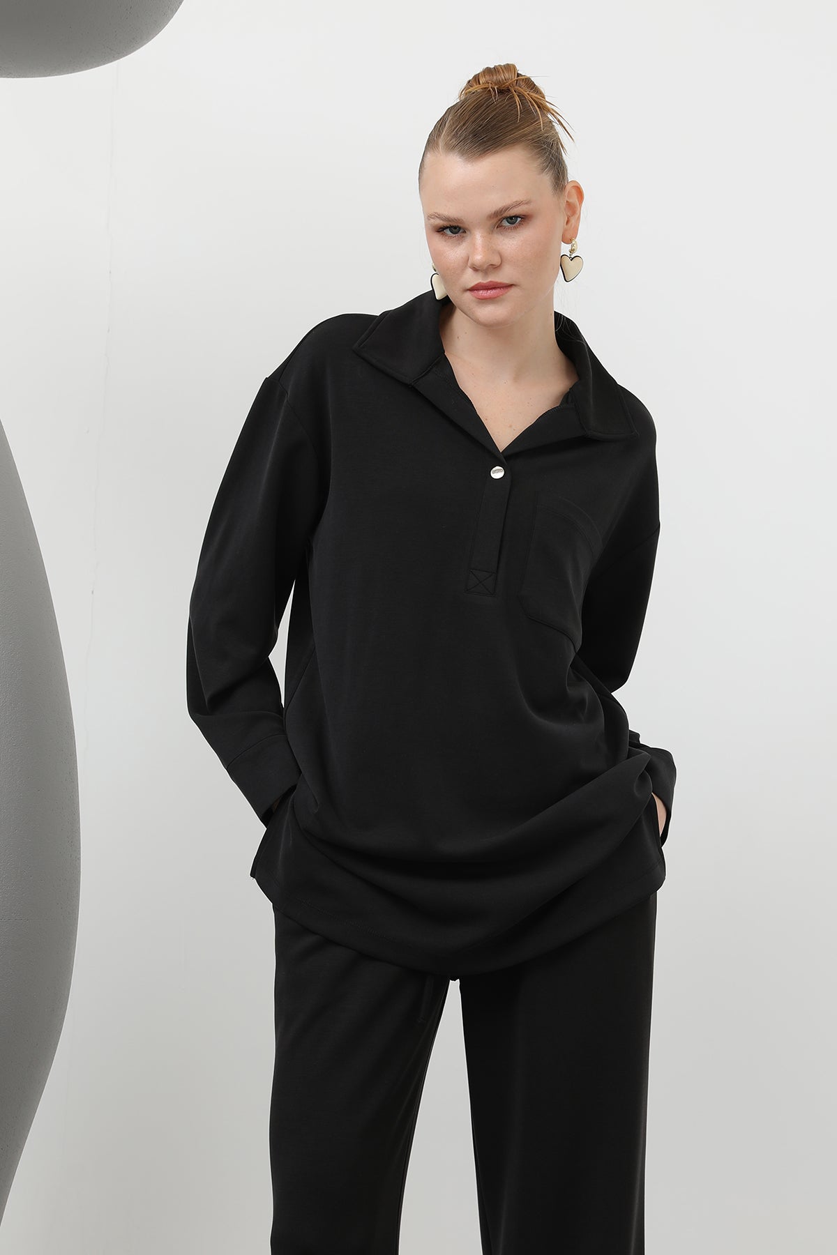 Kadın Yakası Çıtçıtlı Cep Detaylı Pantolonlu Takım - 20605TKS BLACK