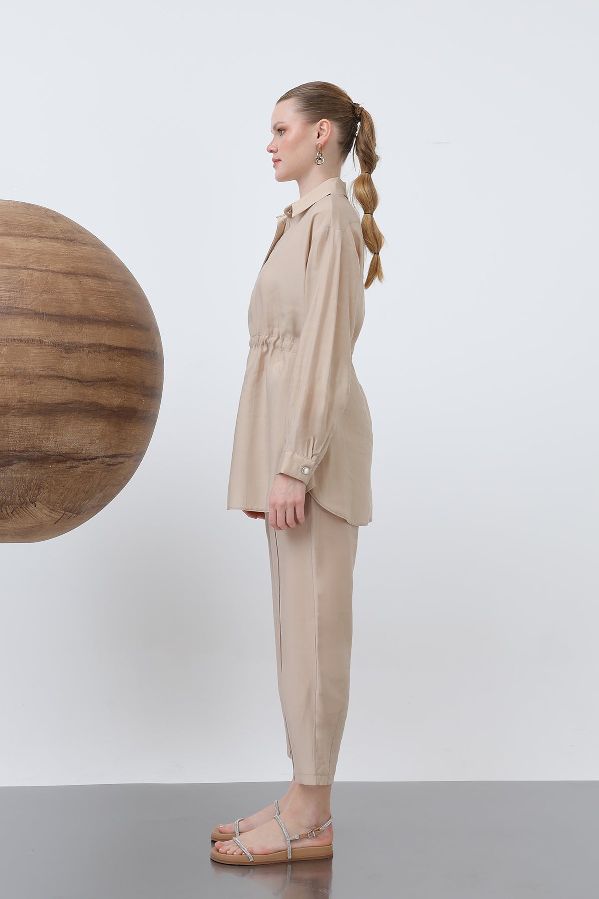 Kadın Beli Büzgülü Gizli Patlı Pantolonlu Takım - 20610TKS BEIGE