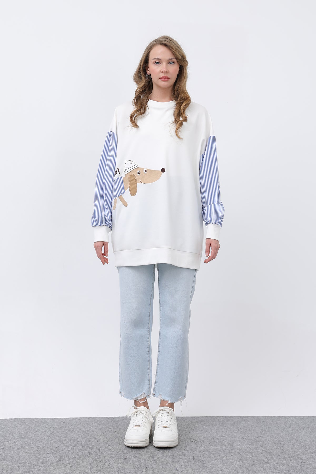 Kadın Şapkalı Köpek Nakışlı Garnili Sweatshirt - 20632SWT ECRU