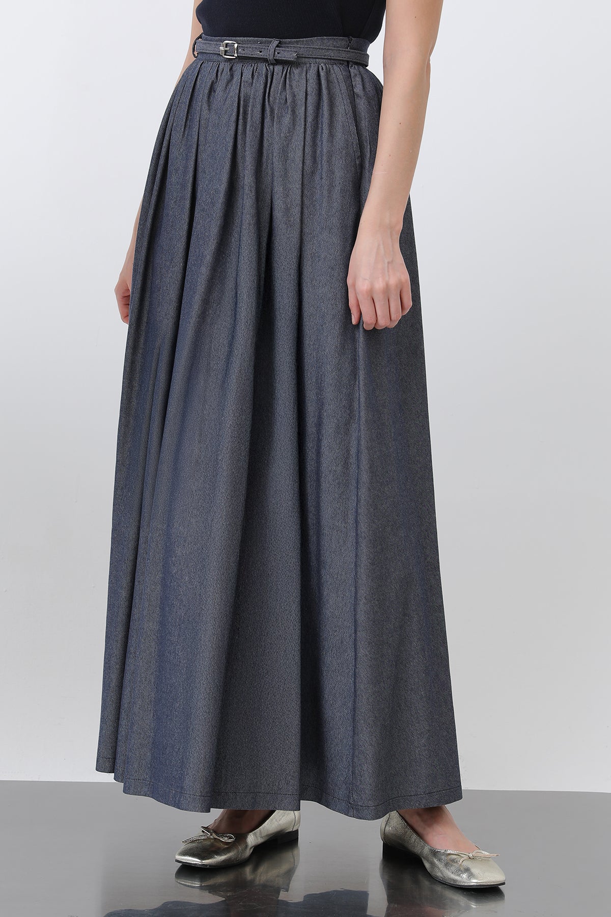 Kadın Belden Büzgülü Kemer Detaylı Denim Etek - 20649ETK INDIGO
