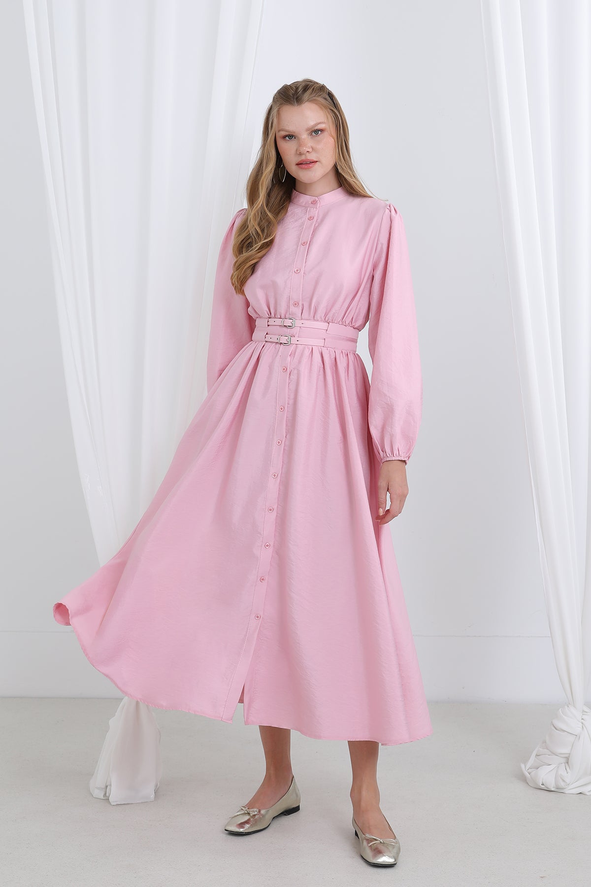 Kadın Çift Kemerli Hakim Yaka  Elbise - 20658ELB PINK