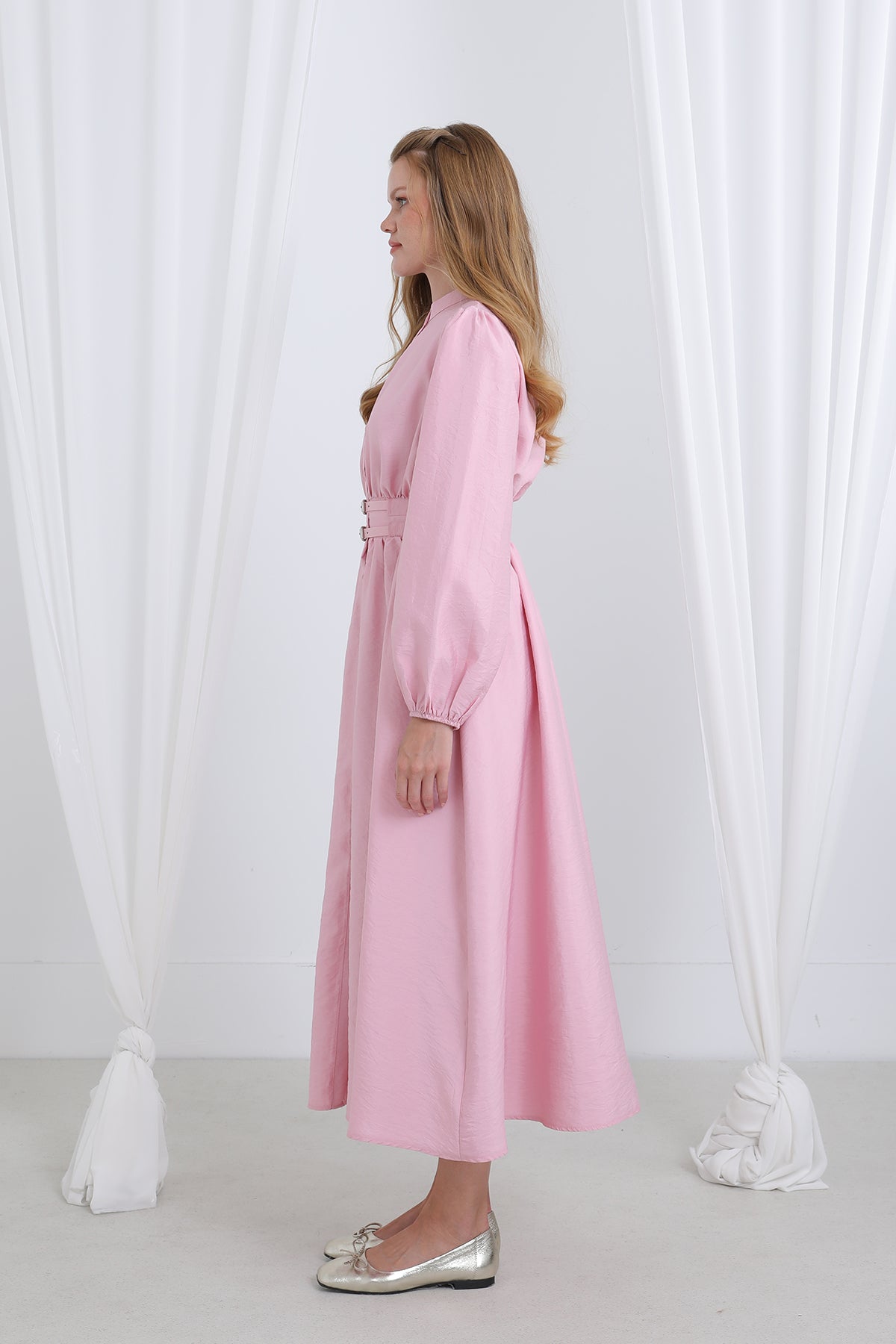 Kadın Çift Kemerli Hakim Yaka  Elbise - 20658ELB PINK