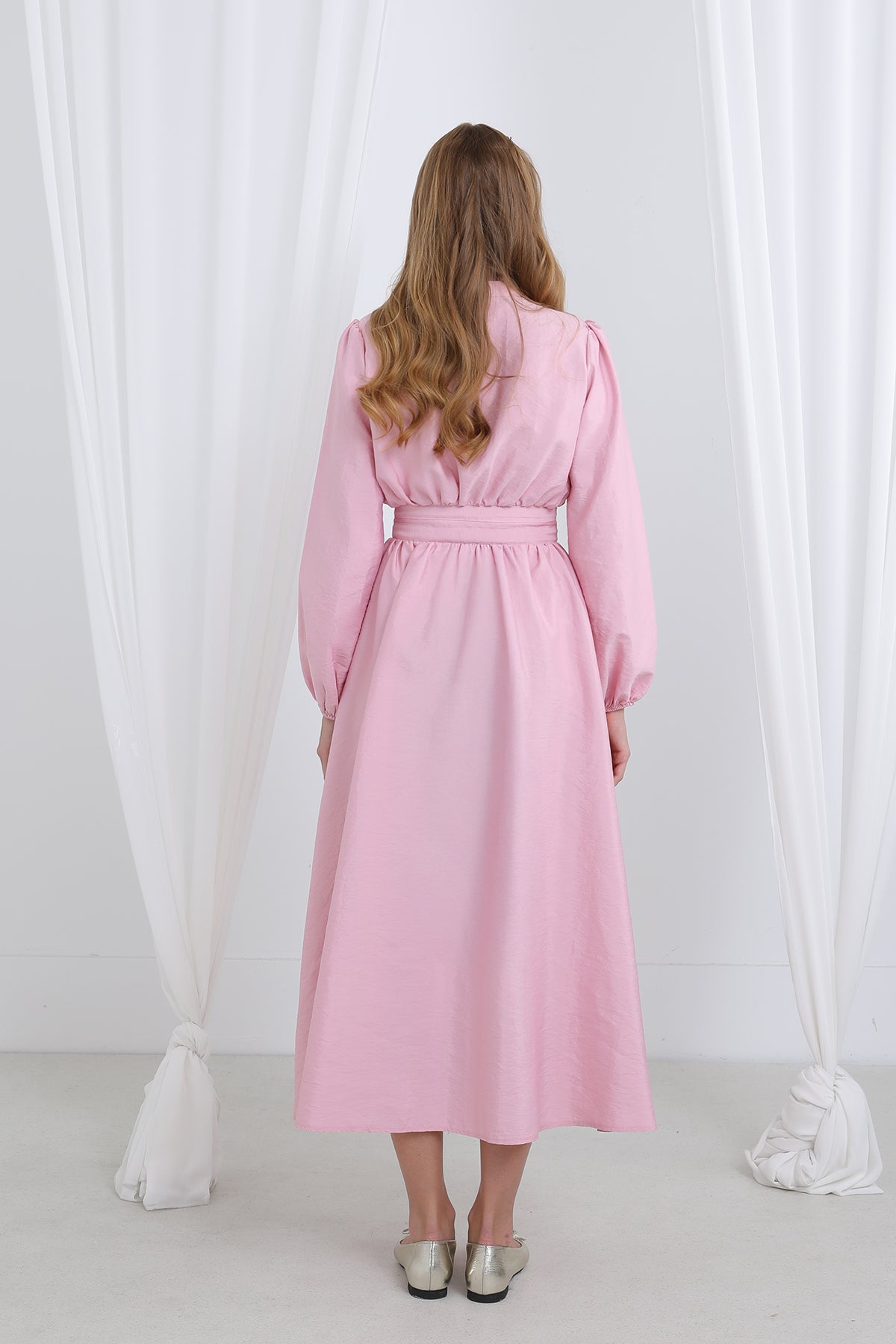 Kadın Çift Kemerli Hakim Yaka  Elbise - 20658ELB PINK