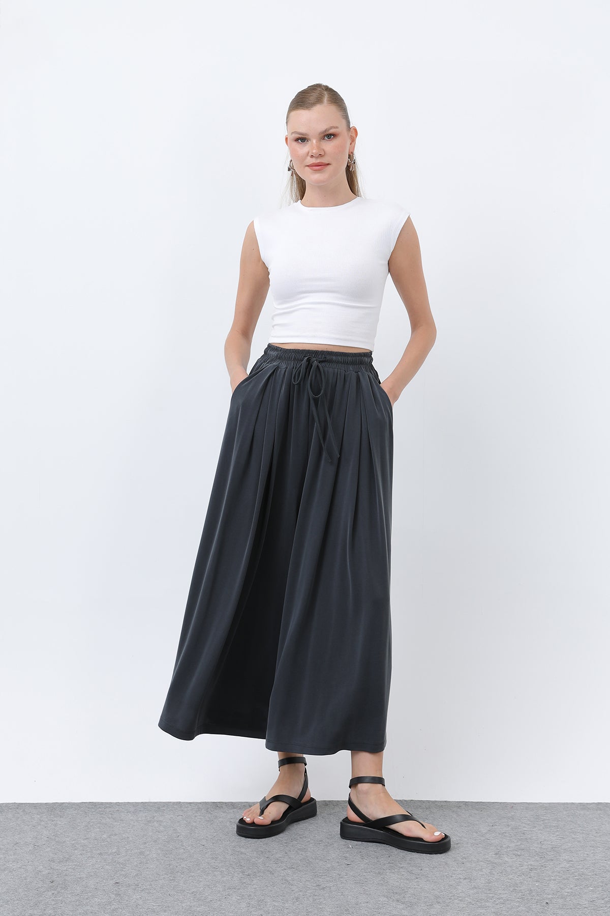 Kadın Beli Kuşaklı Etek Görünümlü Pantolon - 20664PNT DARK ANTHRACITE