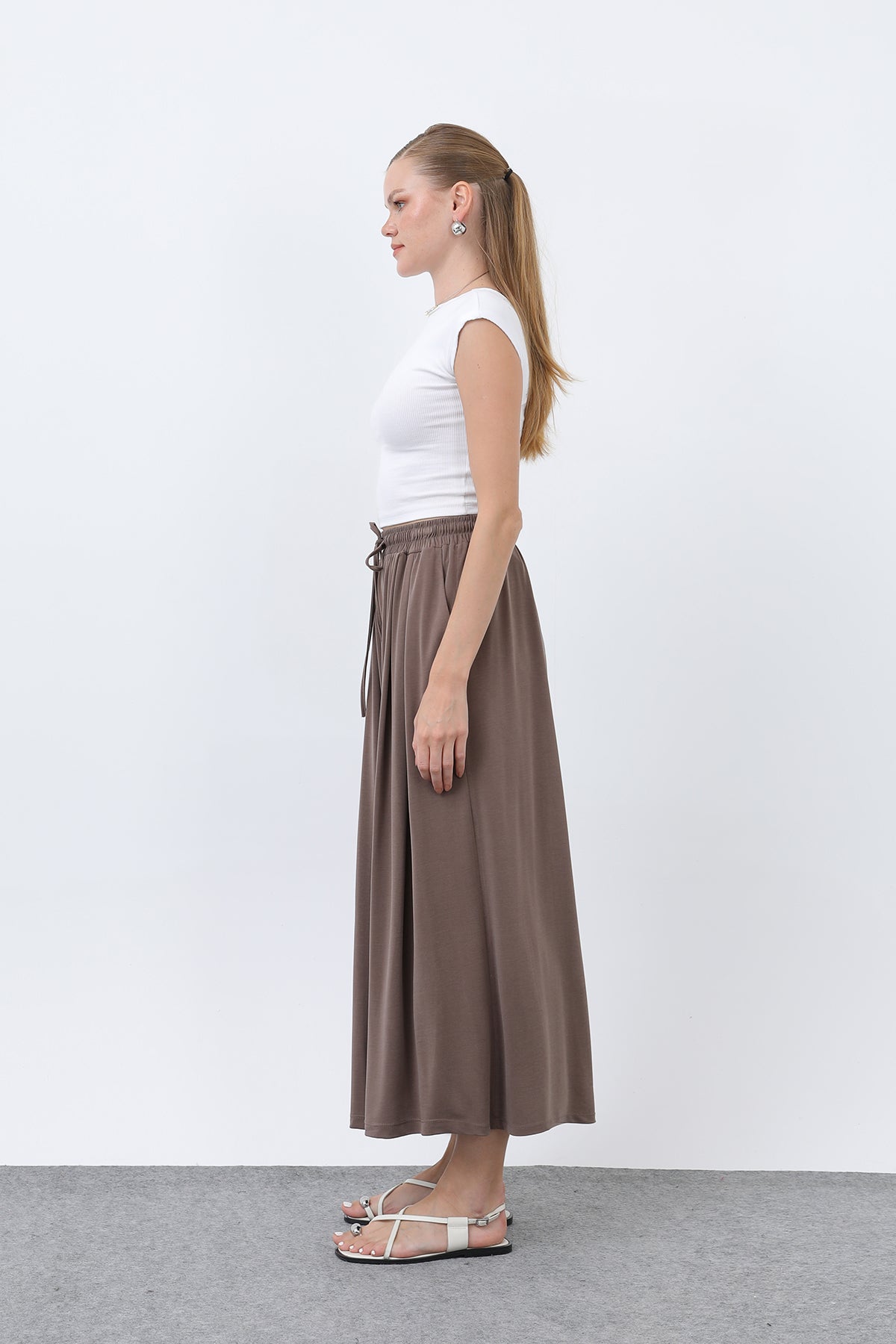 Kadın Beli Kuşaklı Etek Görünümlü Pantolon - 20664PNT BROWN