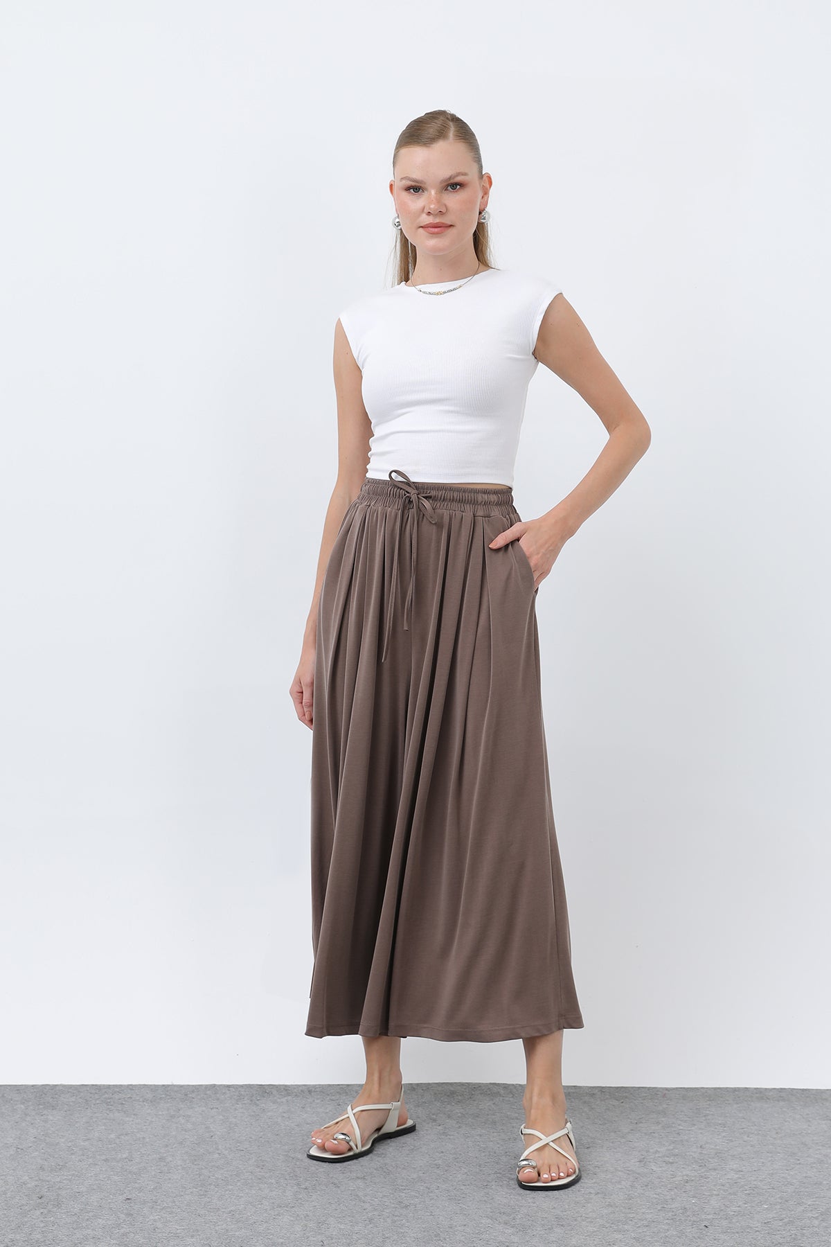 Kadın Beli Kuşaklı Etek Görünümlü Pantolon - 20664PNT BROWN