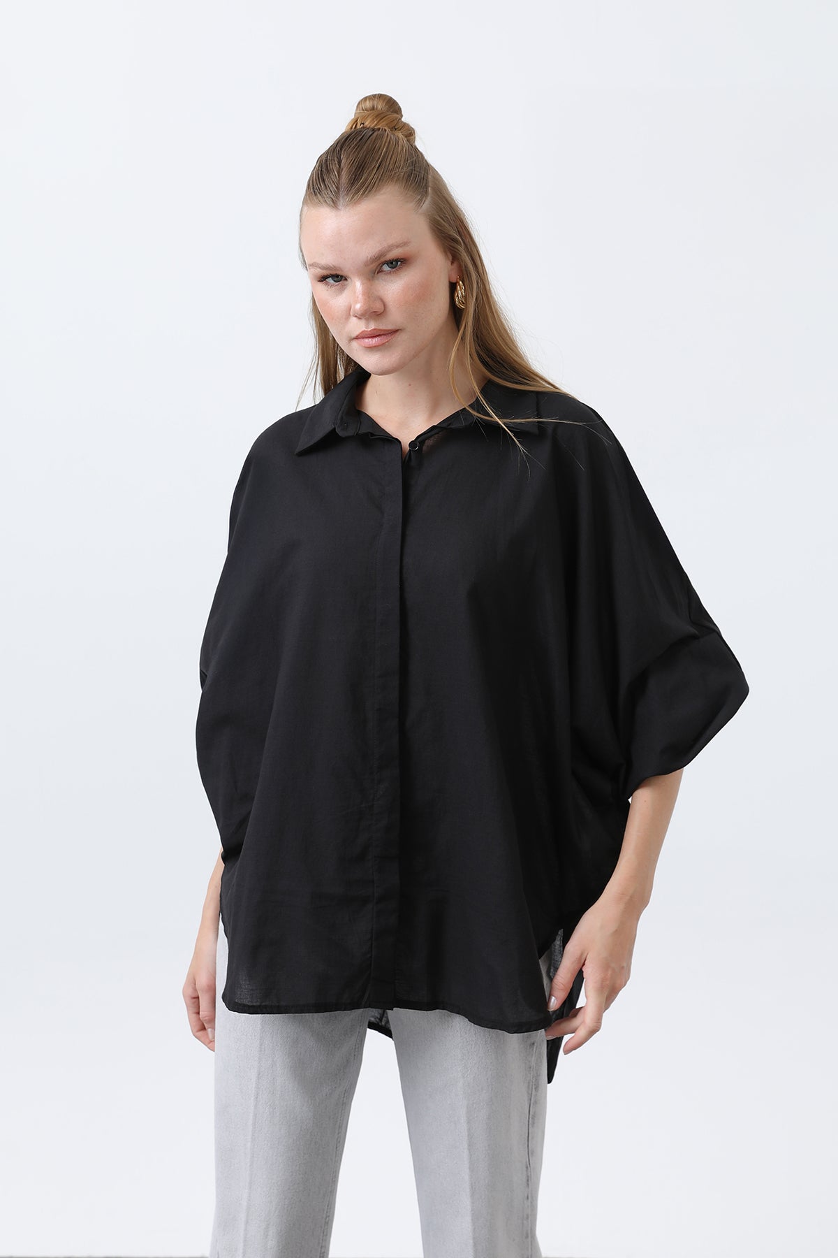 Kadın Volanlı Oversize Pamuk Poplin Gömlek-20665GML BLACK