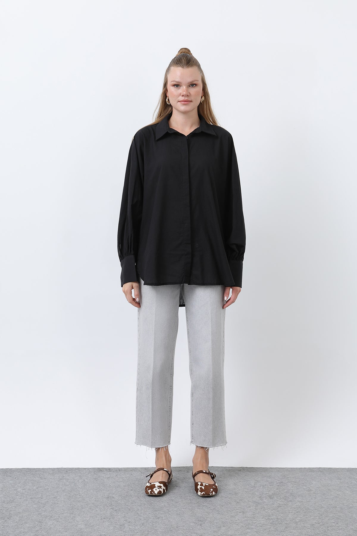 Kadın Volanlı Oversize Pamuk Poplin Gömlek-20665GML BLACK