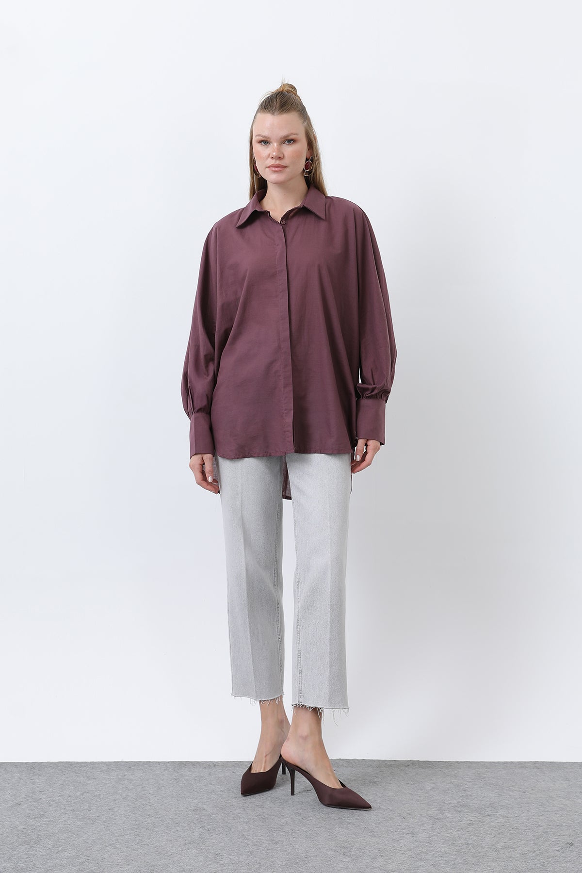 Kadın Volanlı Oversize Pamuk Poplin Gömlek-20665GML ALMOND GREEN
