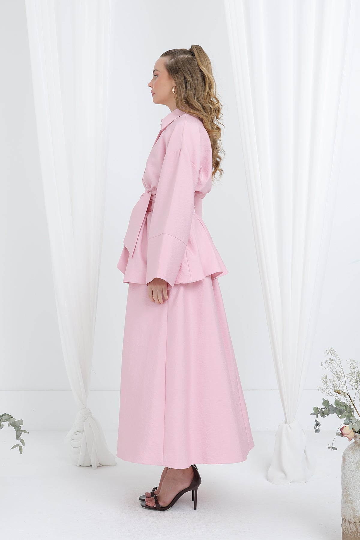 Kadın Luna Kuşaklı Minimal Etekli Takım -20682TKS PINK