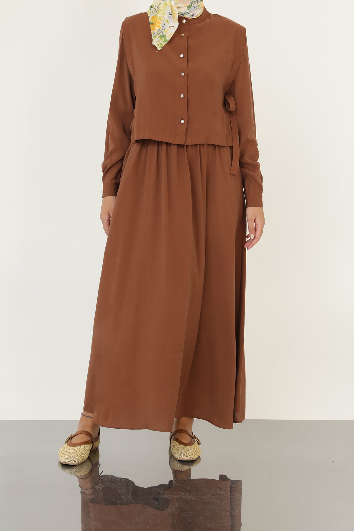 Kadın Minimal Düğmeli Kuşaklı Uzun Kollu Maxi Elbise-20691ELB BROWN
