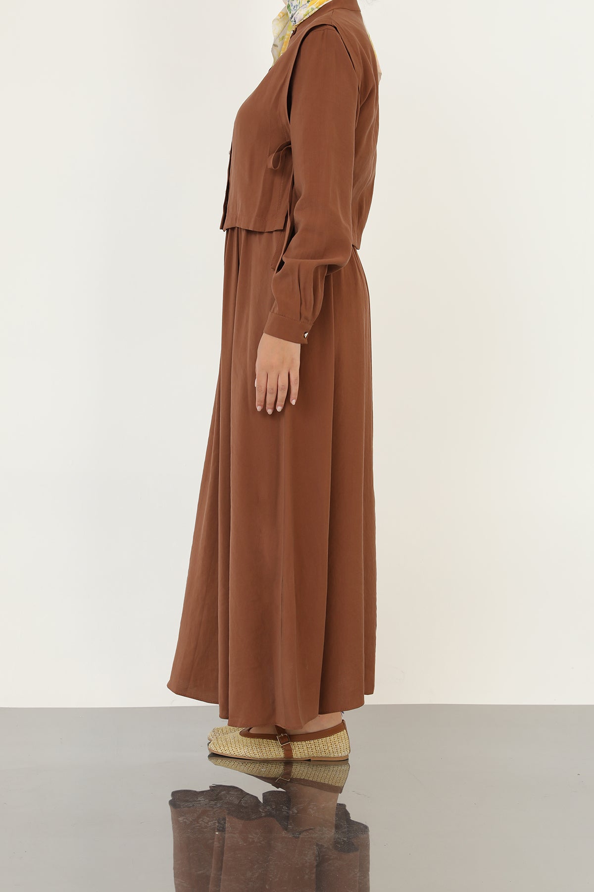 Kadın Minimal Düğmeli Kuşaklı Uzun Kollu Maxi Elbise-20691ELB BROWN