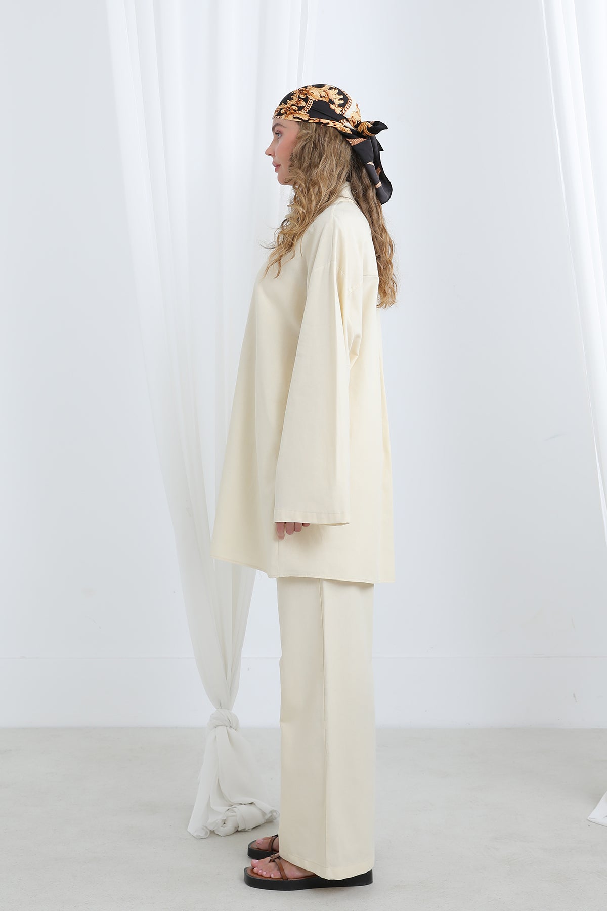 Kadın Düğme Detaylı Oversize Gömlekli Takım-20694TKS BEIGE