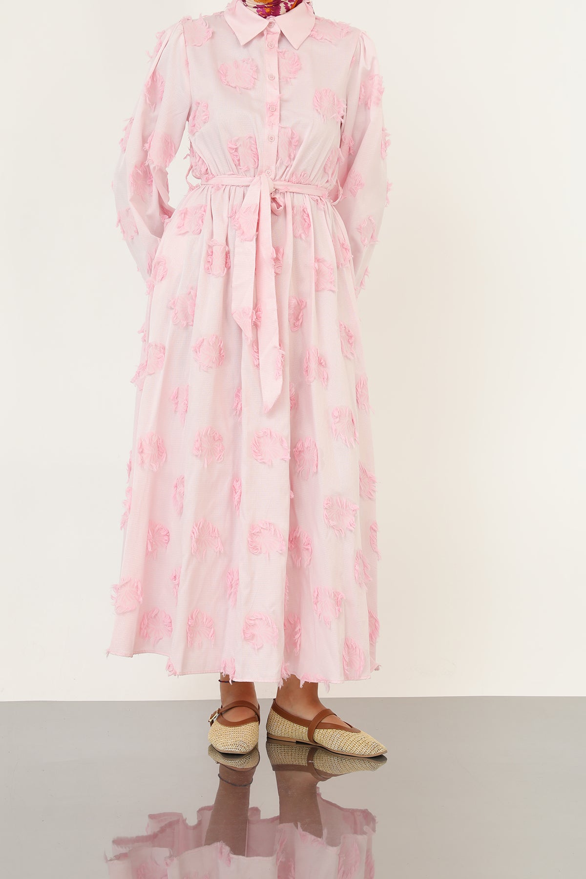 Kadın 3D Çiçek Desenli Kuşaklı Maxi Elbise -20695ELB PINK