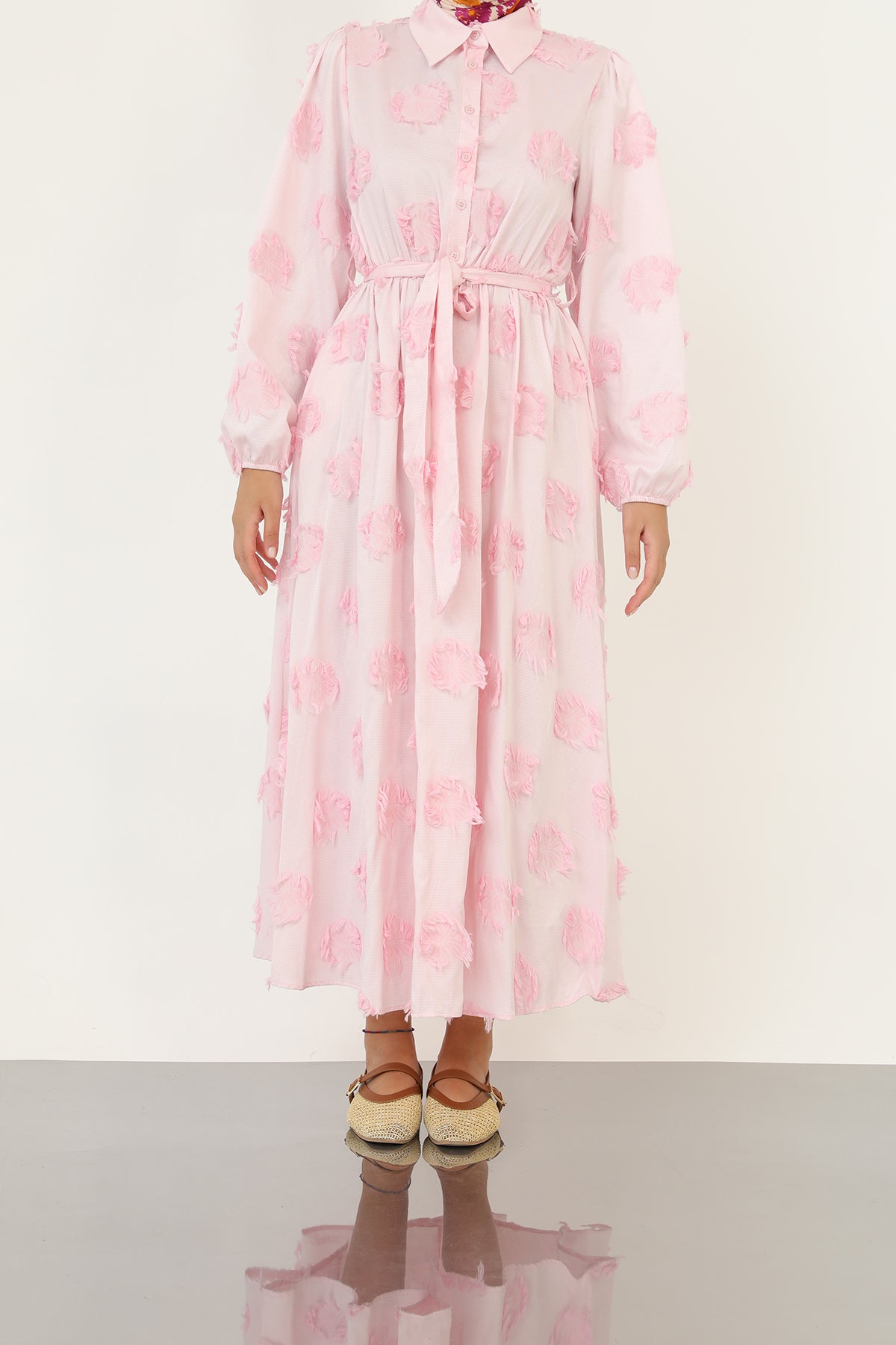Kadın 3D Çiçek Desenli Kuşaklı Maxi Elbise -20695ELB PINK