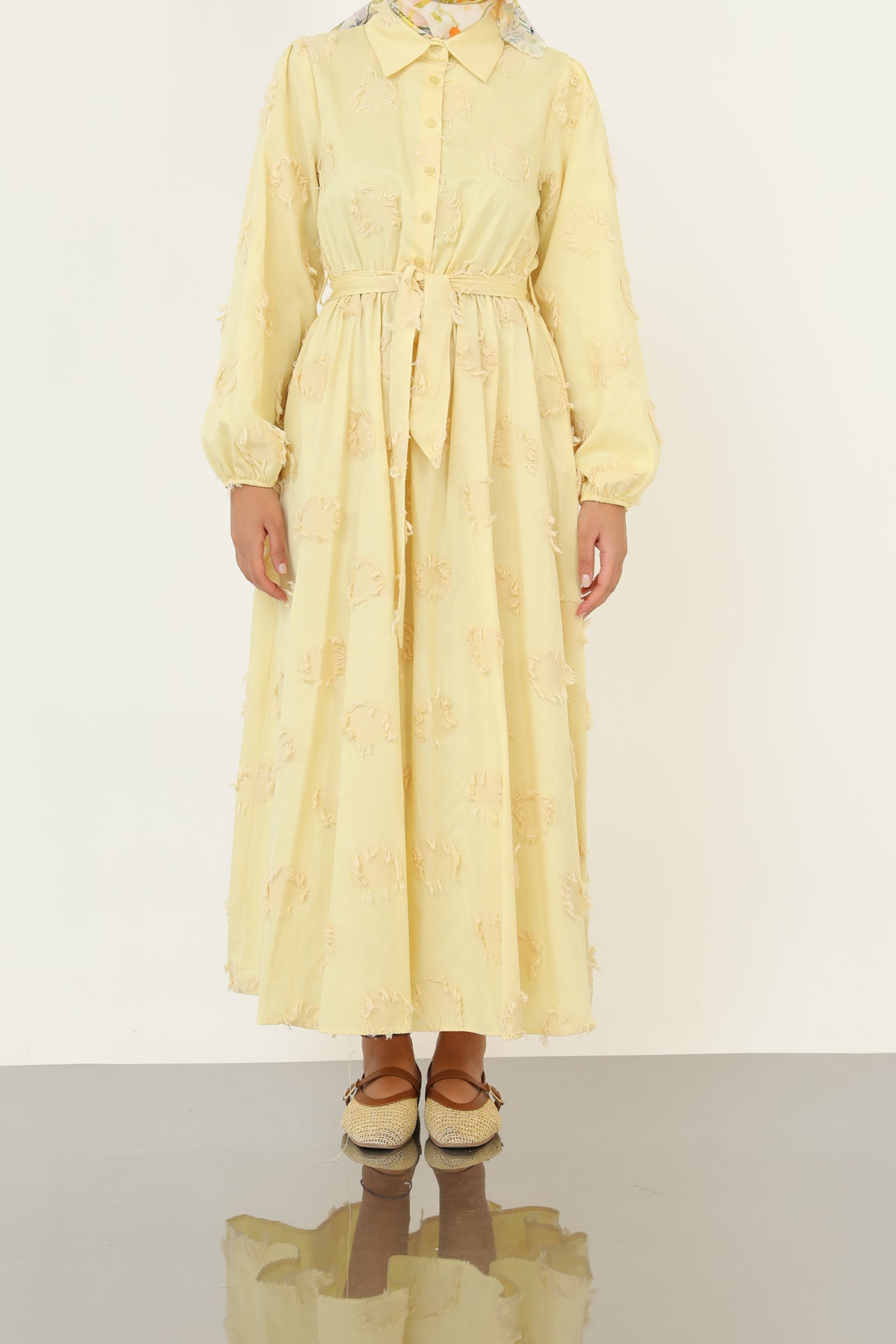 Kadın 3D Çiçek Desenli Kuşaklı Maxi Elbise -20695ELB YELLOW