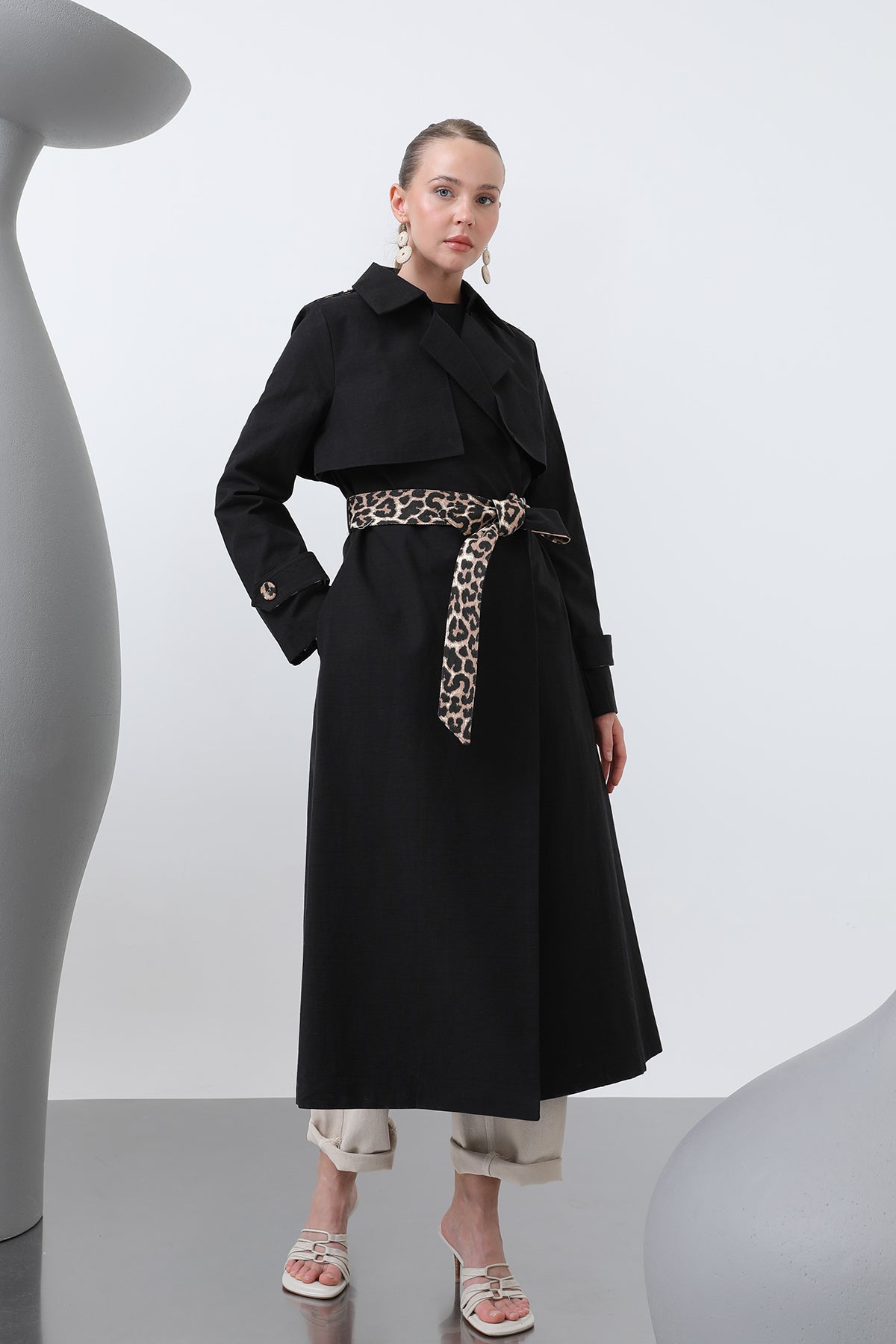 Kadın Leopar Garnili Trench - 32113TRC BLACK