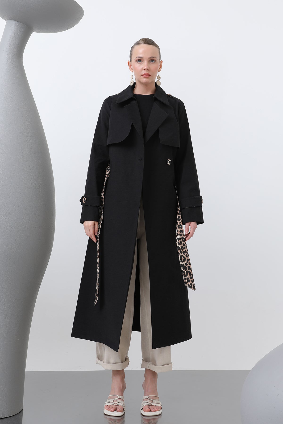 Kadın Leopar Garnili Trench - 32113TRC BLACK