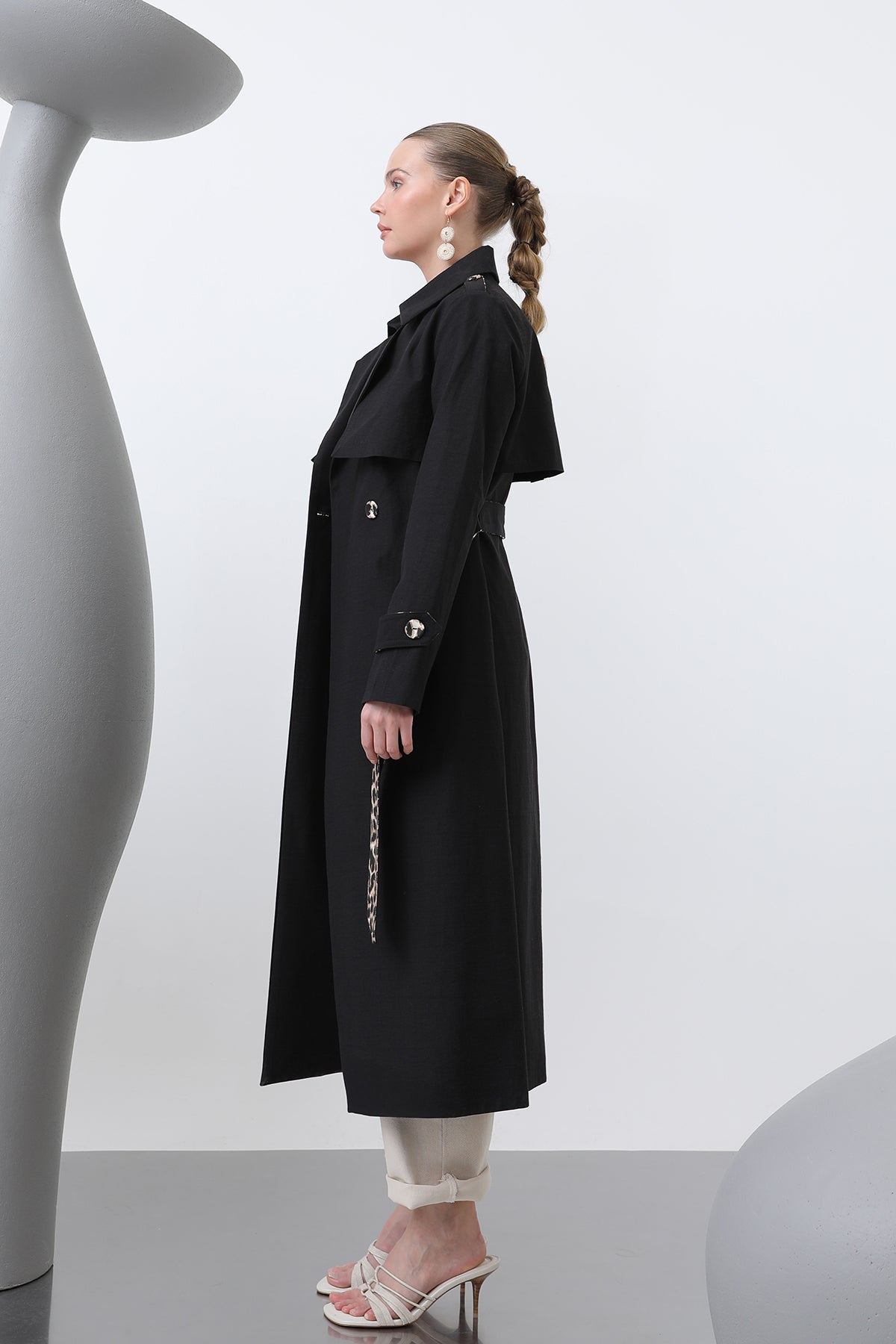 Kadın Leopar Garnili Trench - 32113TRC BLACK
