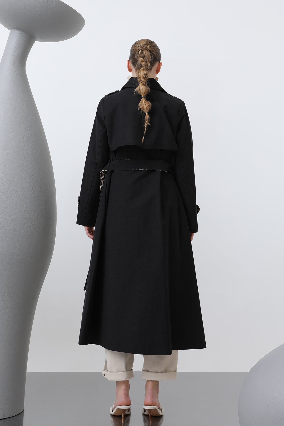 Kadın Leopar Garnili Trench - 32113TRC BLACK