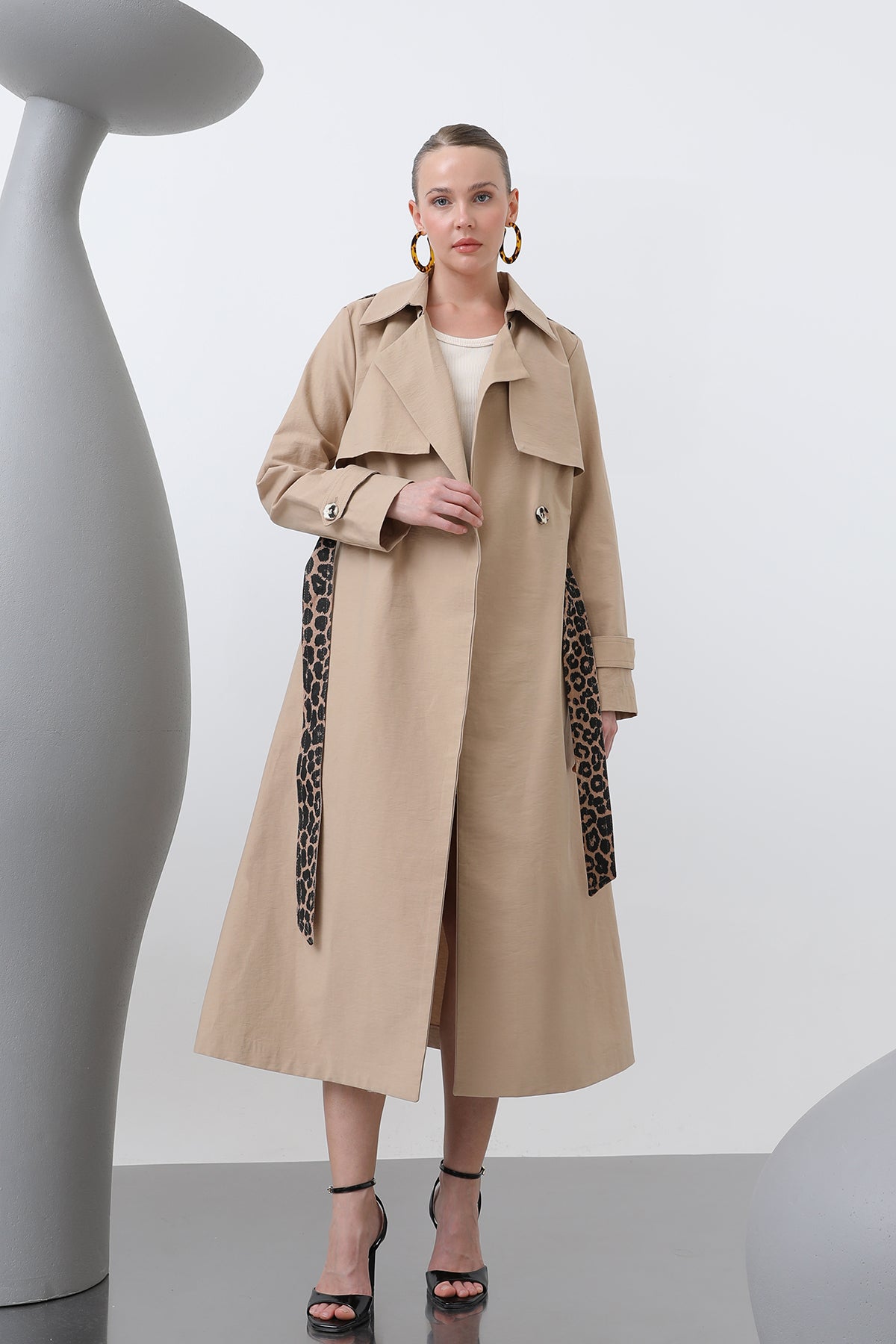 Kadın Leopar Garnili Trench - 32113TRC CAMEL