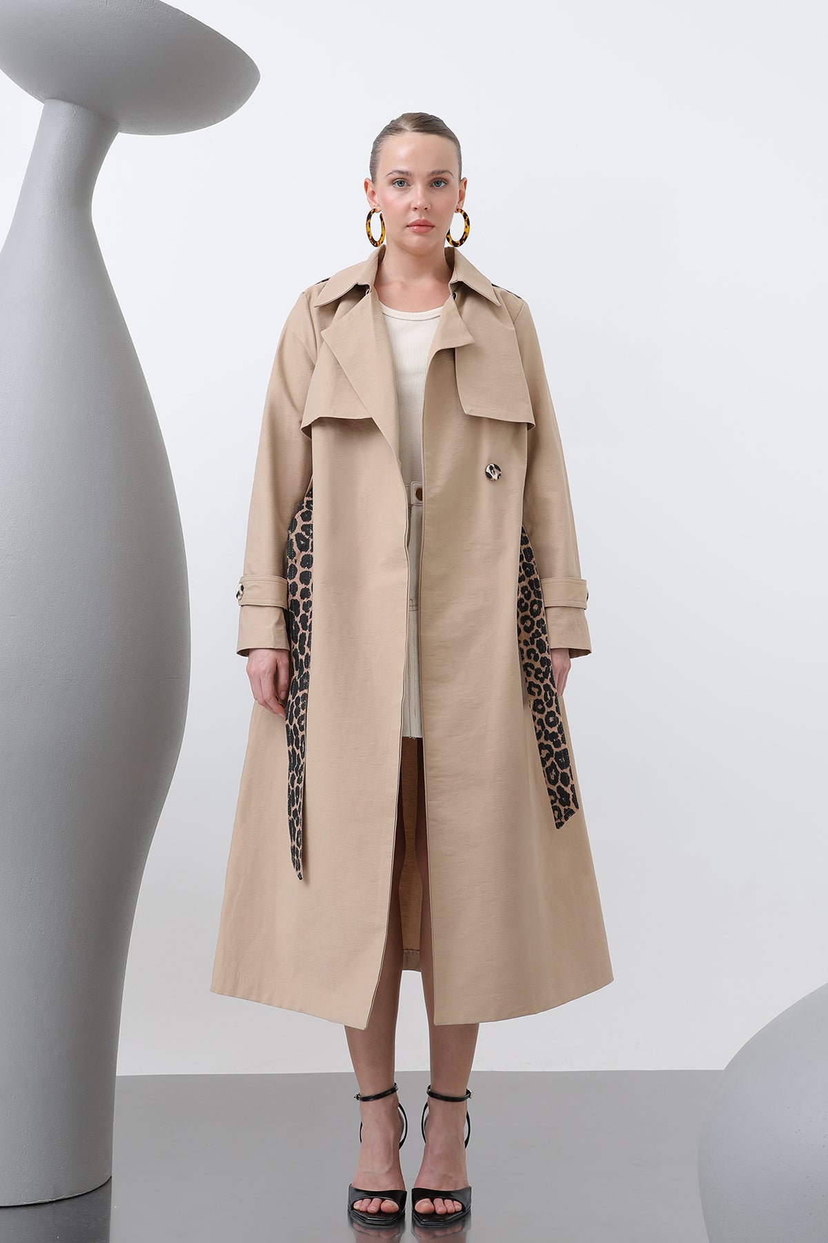 Kadın Leopar Garnili Trench - 32113TRC CAMEL