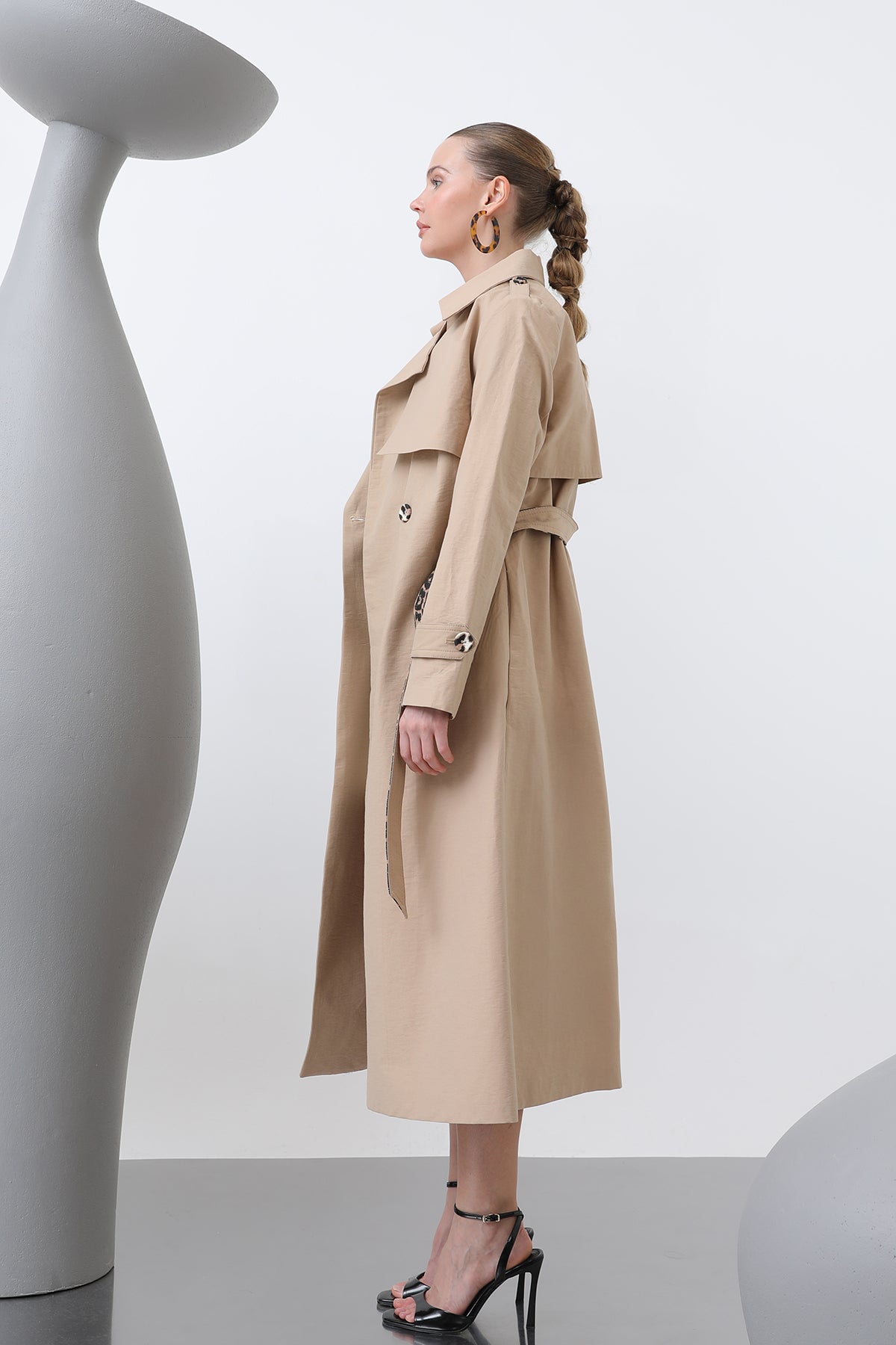 Kadın Leopar Garnili Trench - 32113TRC CAMEL