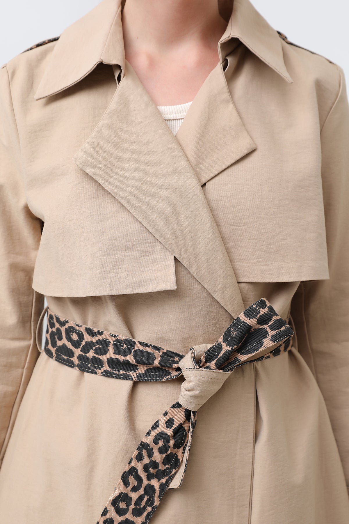 Kadın Leopar Garnili Trench - 32113TRC CAMEL