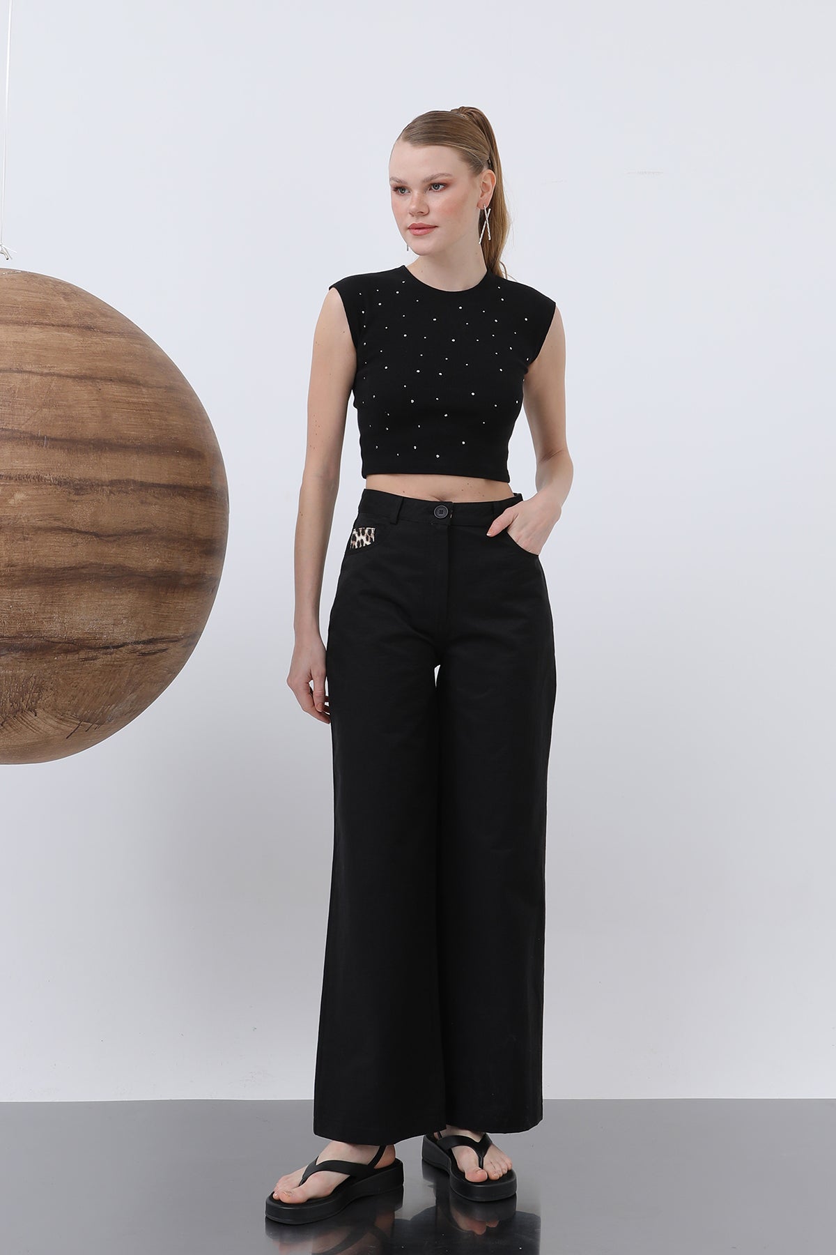 Kadın Cep Detaylı  Bol Pantolon - 32116PNT BLACK
