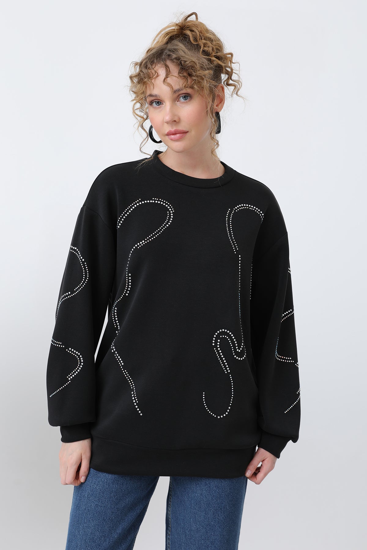 Kadın Taşlı Basic Sweat -32117SWT BLACK