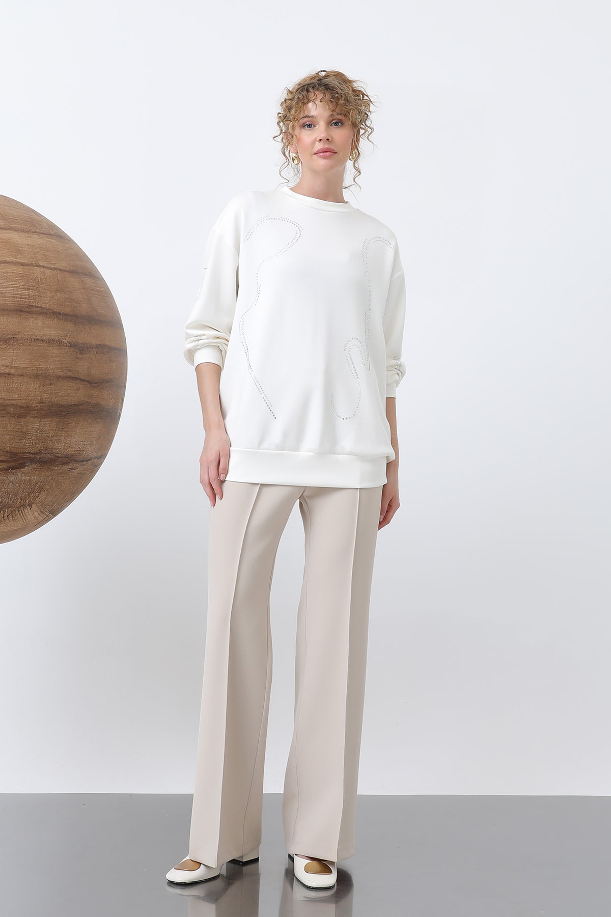 Kadın Taşlı Basic Sweat -32117SWT ECRU