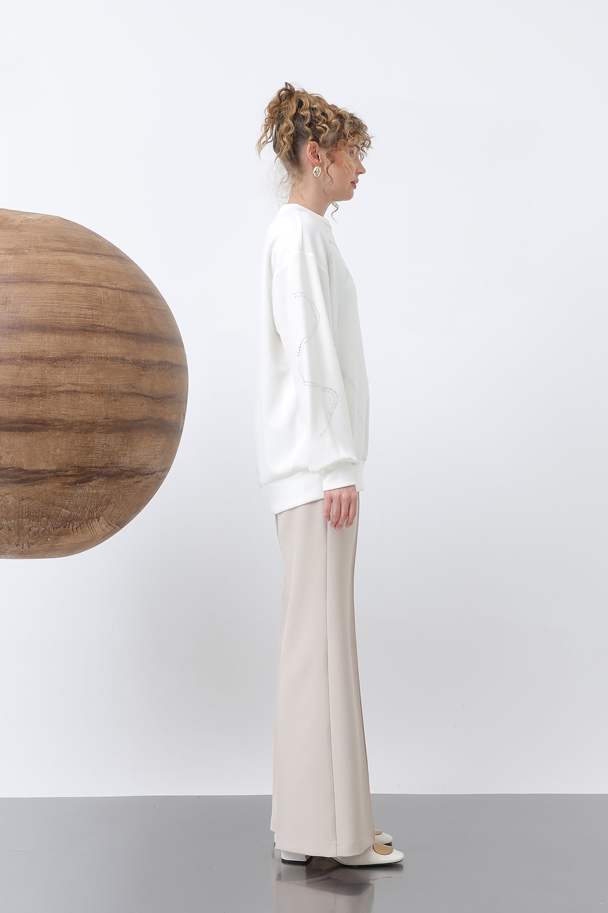 Kadın Taşlı Basic Sweat -32117SWT ECRU