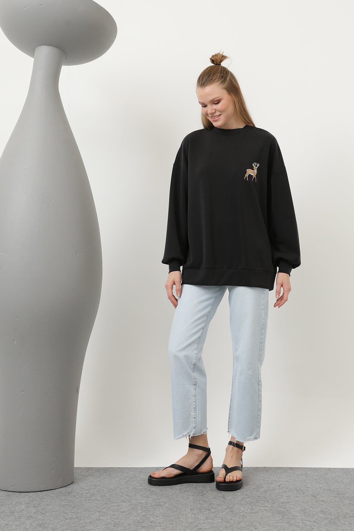 Kadın Arkası Geyikli Sweat - 32118SWT BLACK