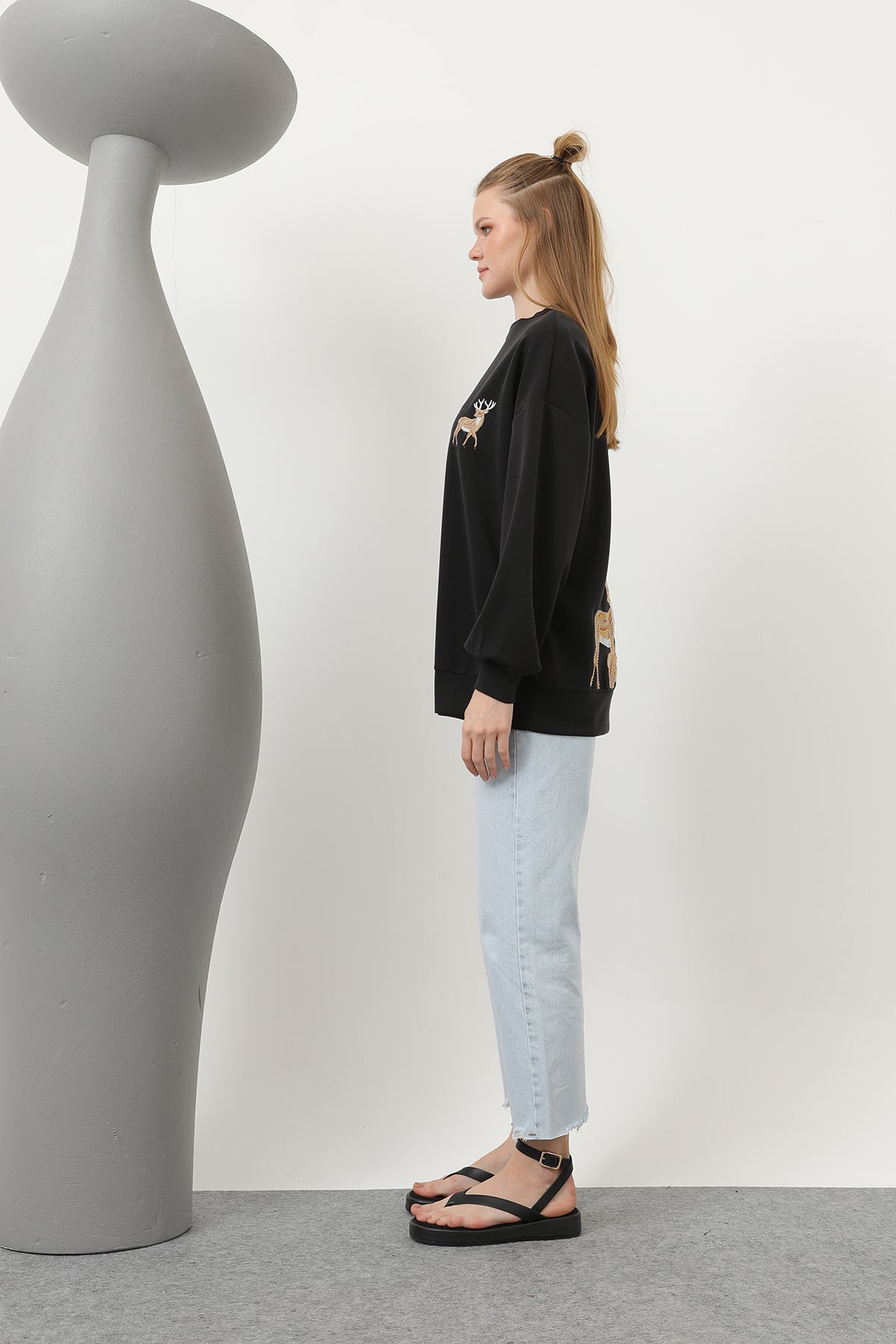 Kadın Arkası Geyikli Sweat - 32118SWT BLACK
