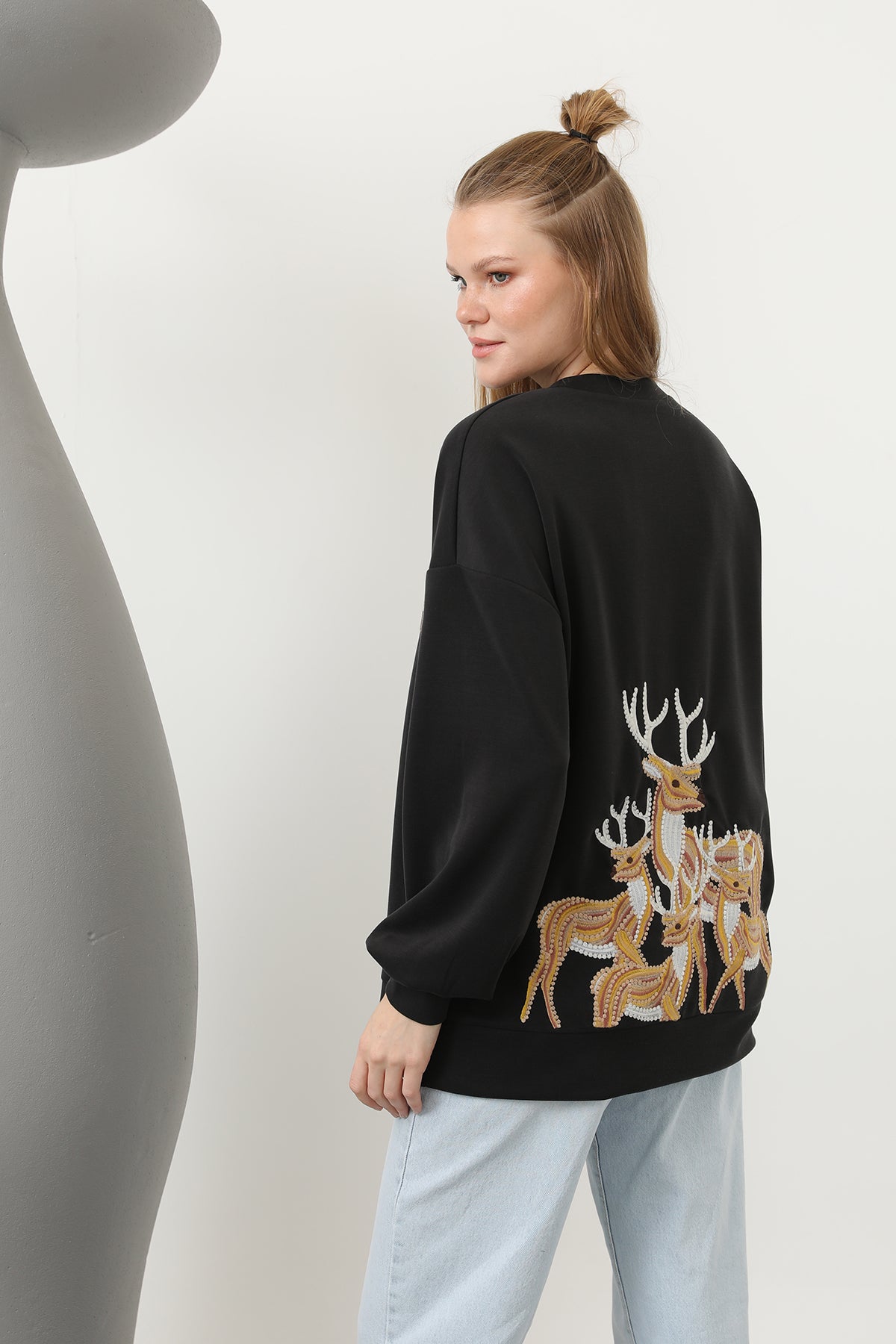 Kadın Arkası Geyikli Sweat - 32118SWT BLACK