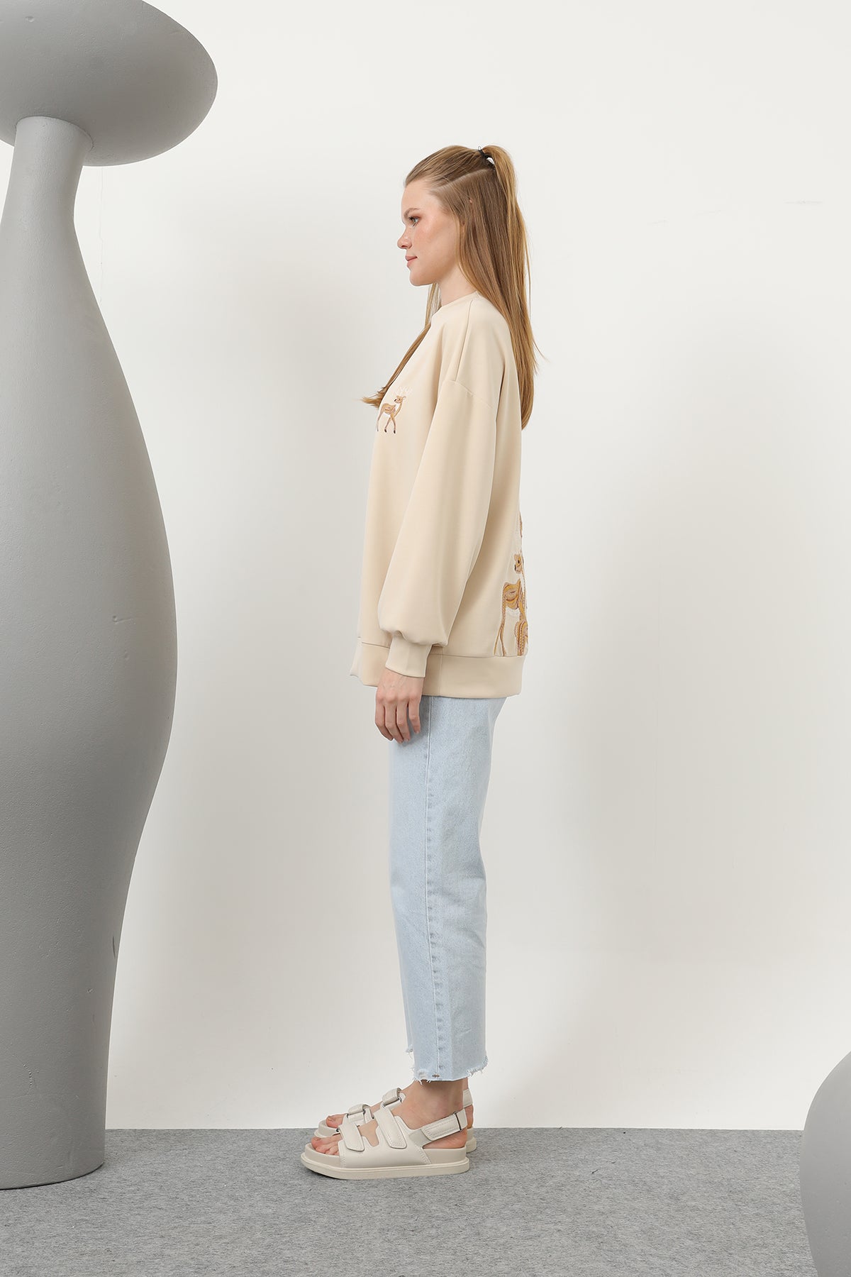 Kadın Arkası Geyikli Sweat - 32118SWT BEIGE