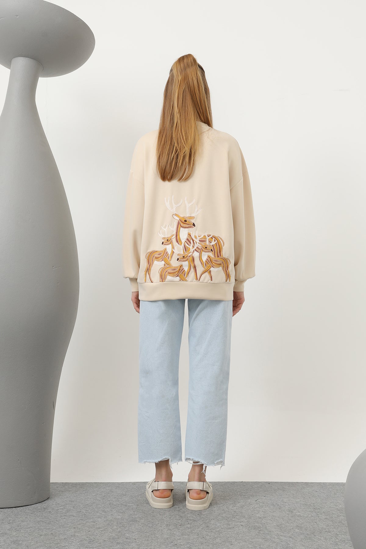 Kadın Arkası Geyikli Sweat - 32118SWT BEIGE