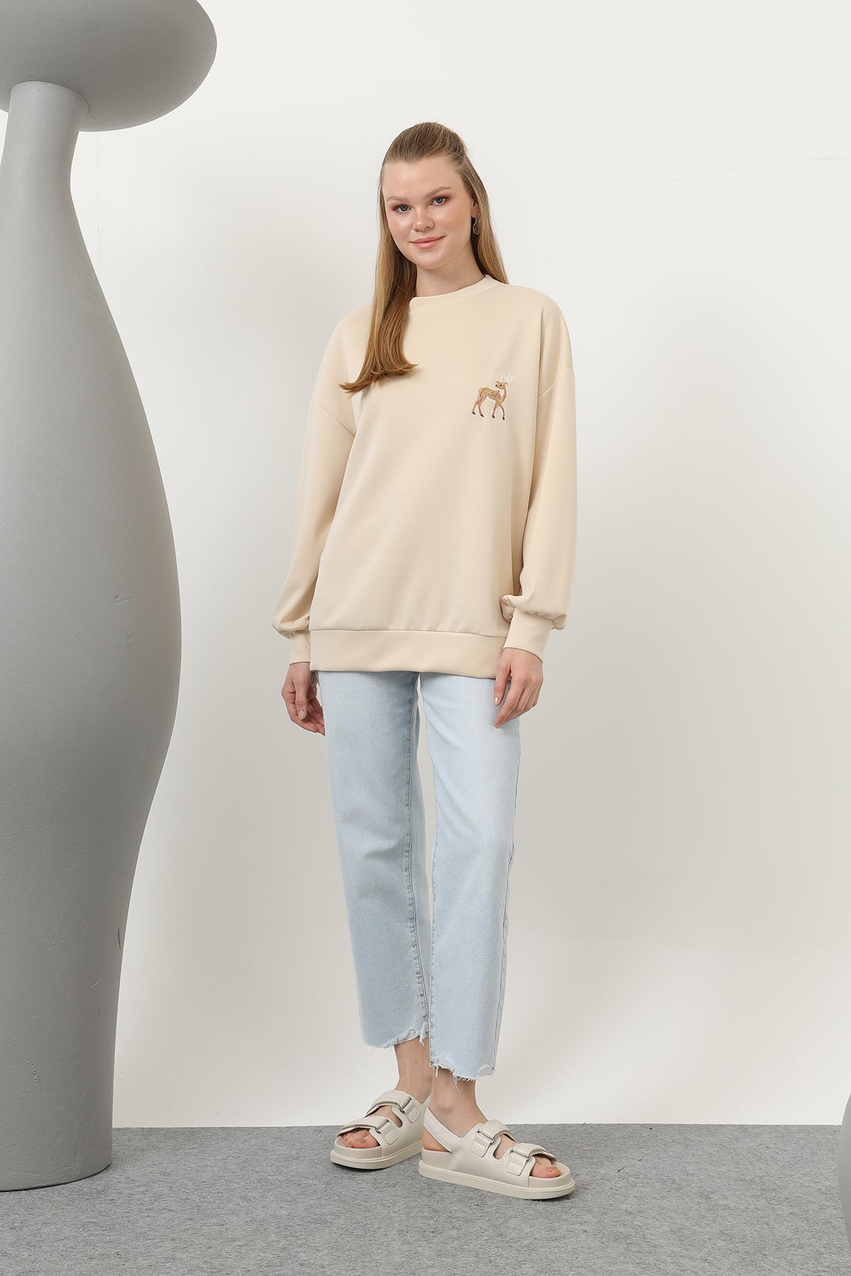 Kadın Arkası Geyikli Sweat - 32118SWT BEIGE