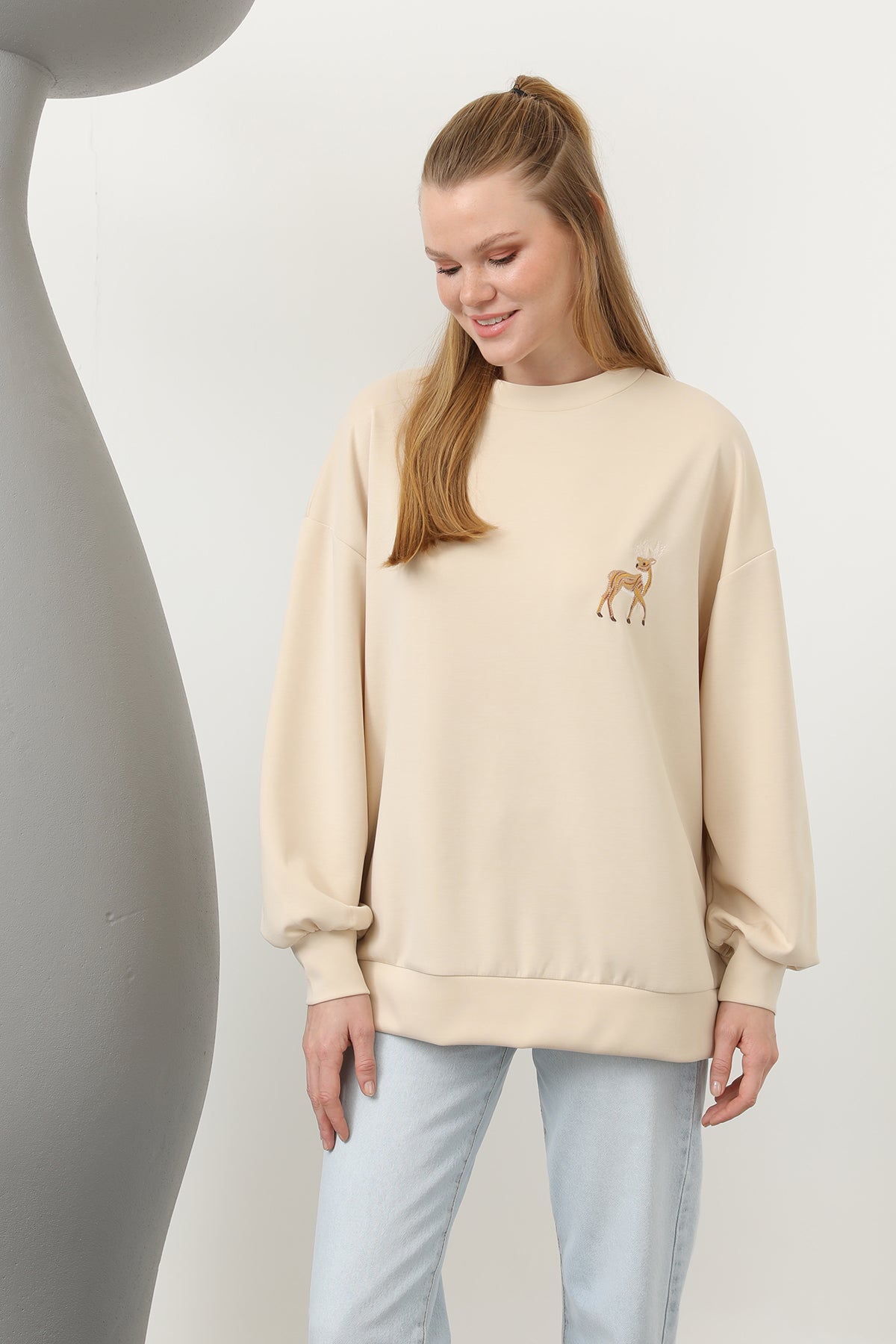 Kadın Arkası Geyikli Sweat - 32118SWT BEIGE