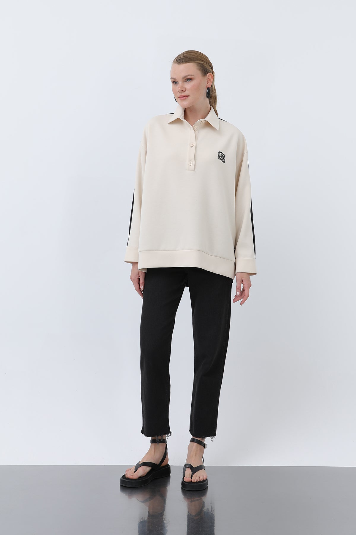 Kadın Önü Nakış Arkası Paraşüt Gömlek -32120GML BLACK-BEIGE