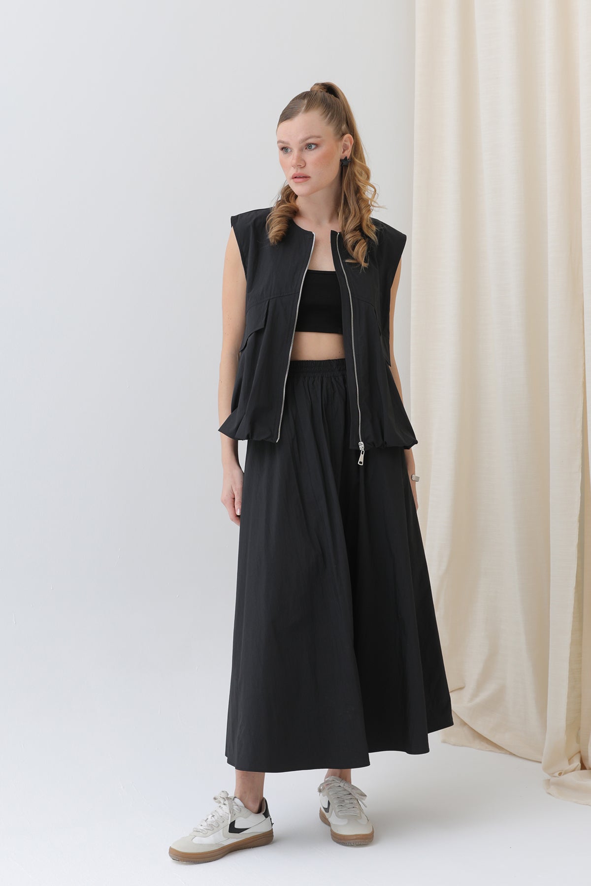 Kadın Oversize Fermuarlı Yelek - 32128YLK BLACK