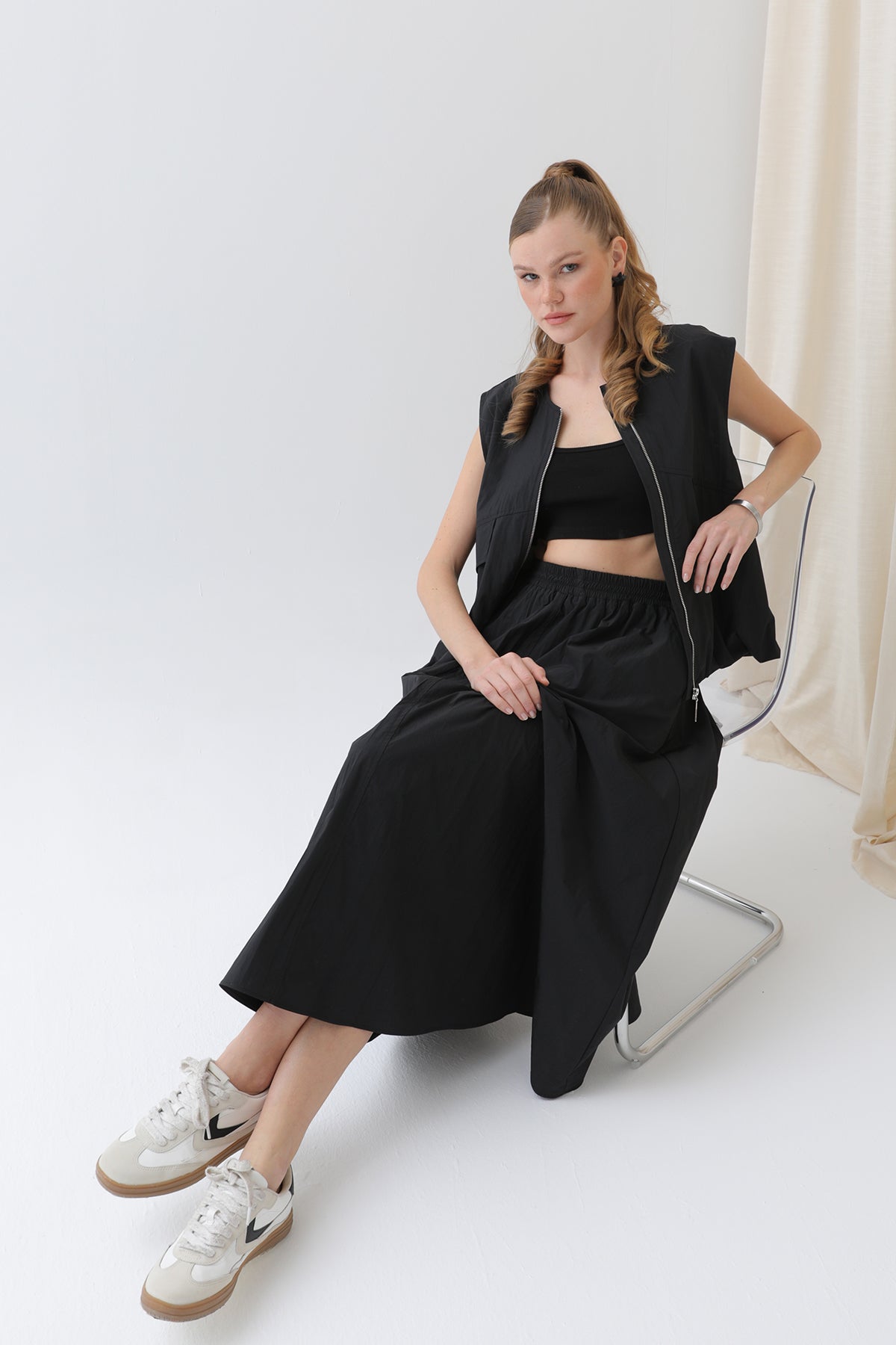 Kadın Oversize Fermuarlı Yelek - 32128YLK BLACK