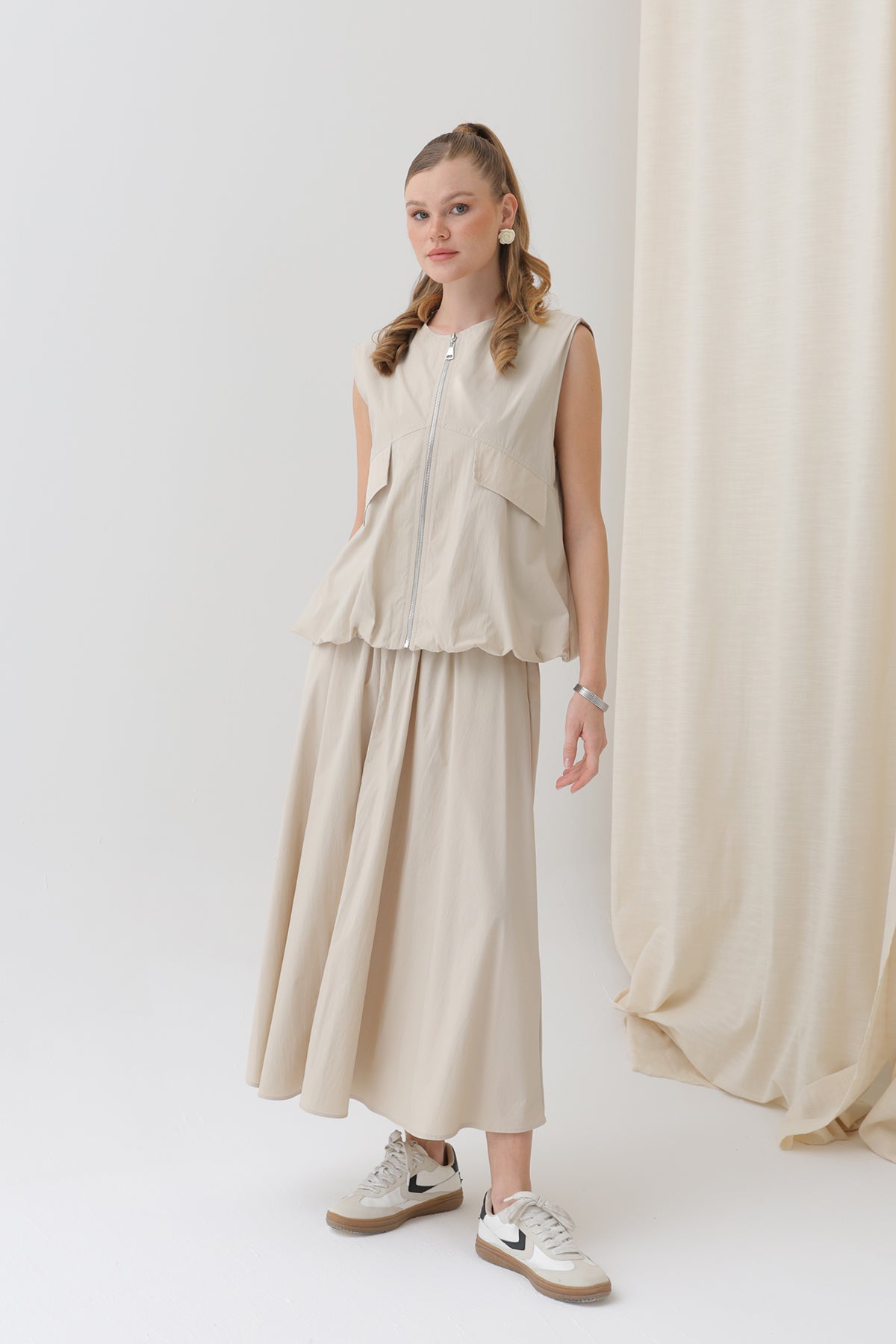 Kadın Oversize Fermuarlı Yelek - 32128YLK BEIGE