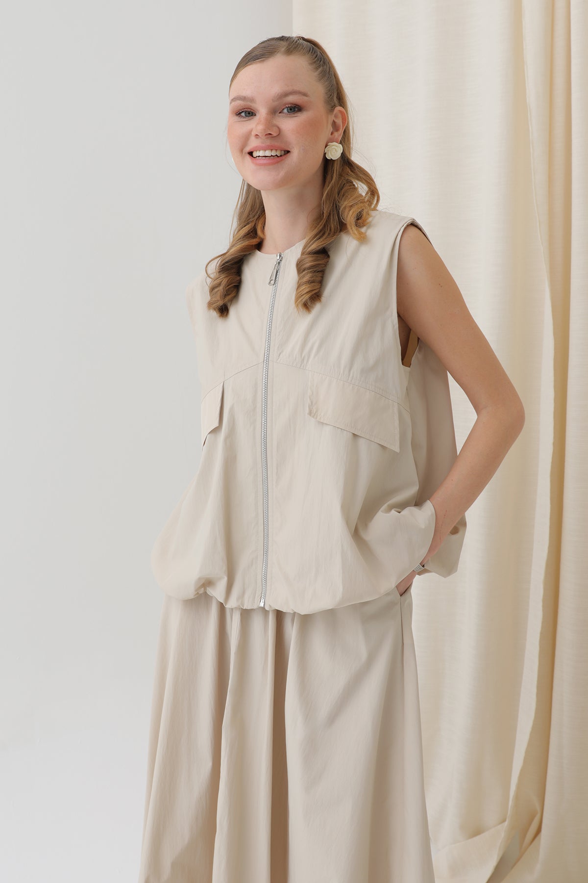 Kadın Oversize Fermuarlı Yelek - 32128YLK BEIGE