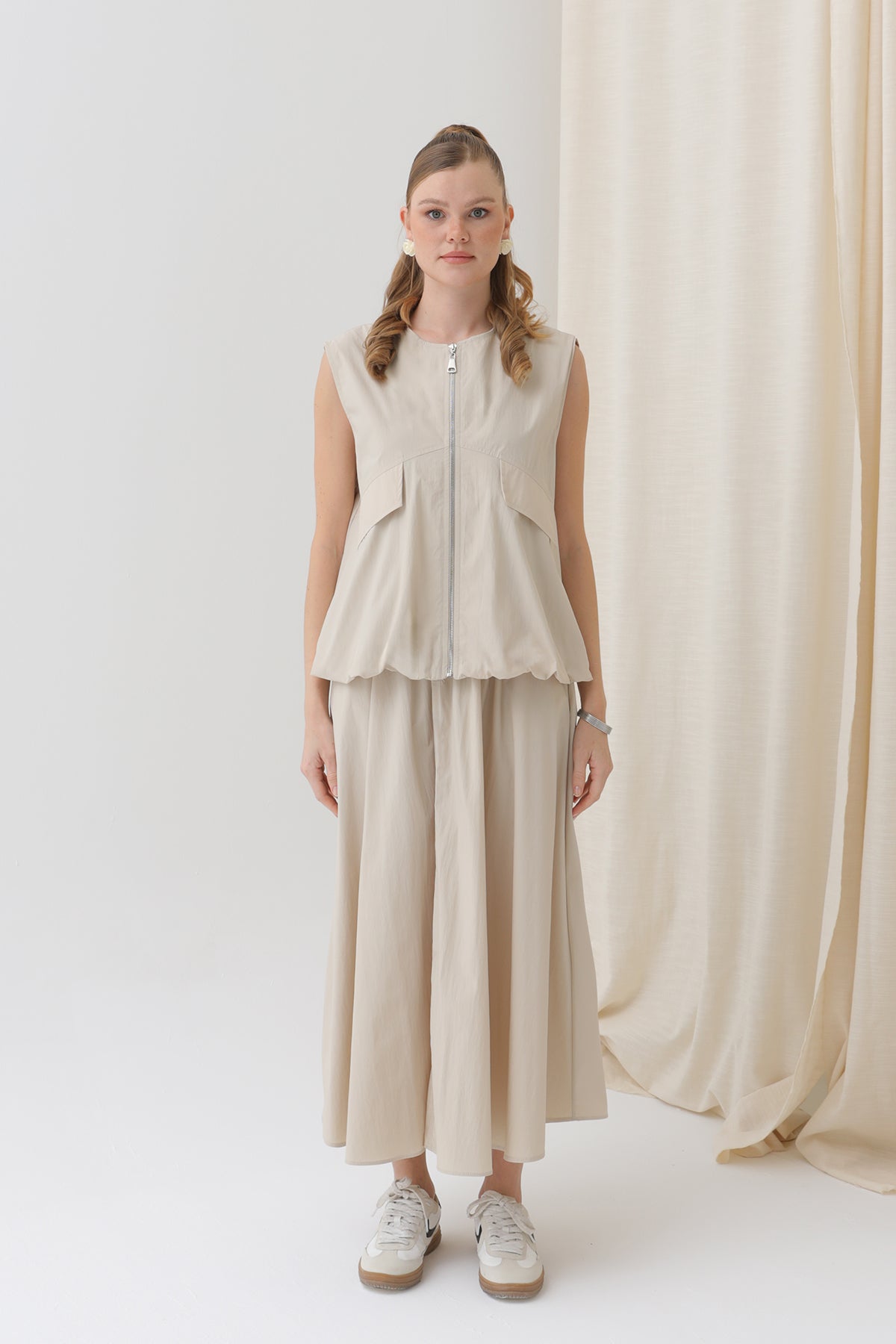 Kadın Oversize Fermuarlı Yelek - 32128YLK BEIGE