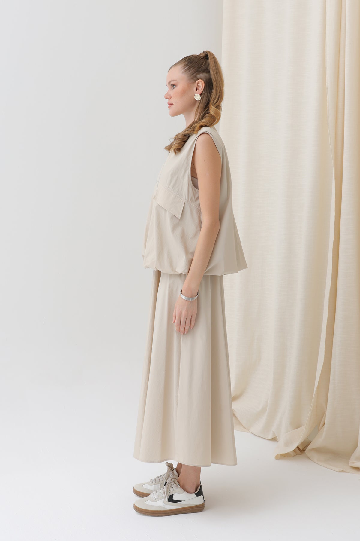 Kadın Oversize Fermuarlı Yelek - 32128YLK BEIGE