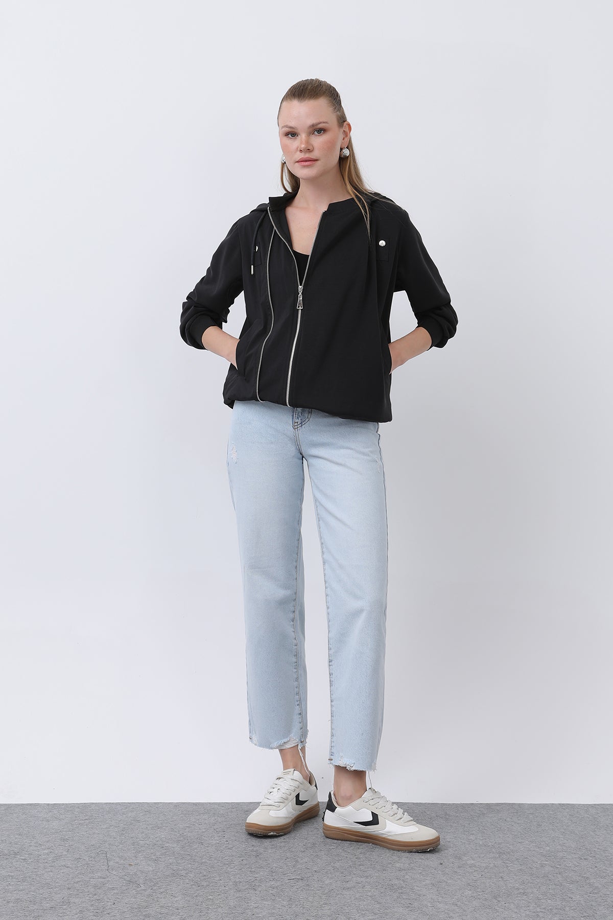 Kadın Fermuar Detaylı Mont - 32132MNT BLACK-BLACK