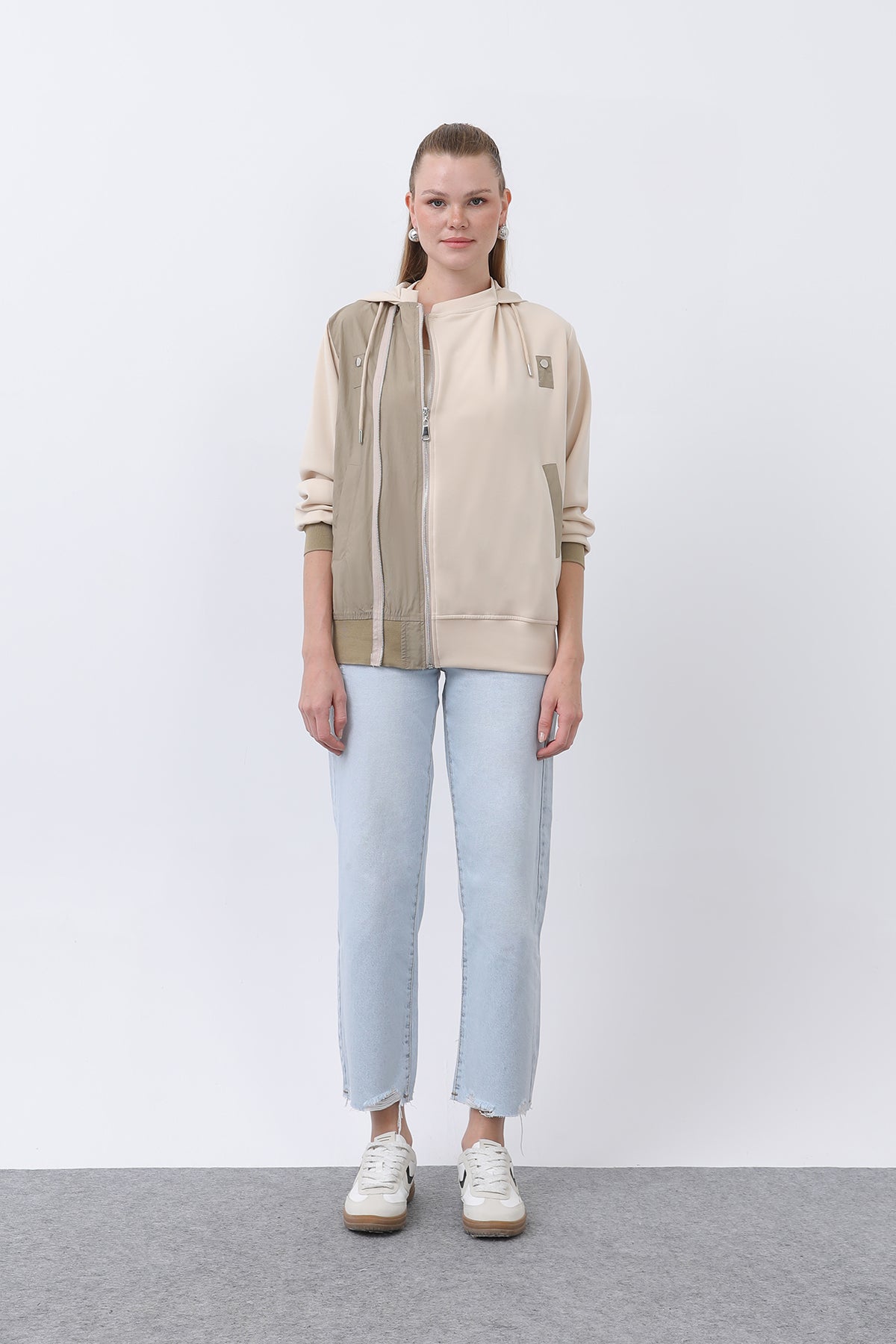 Kadın Fermuar Detaylı Mont - 32132MNT BEIGE-KHAKI