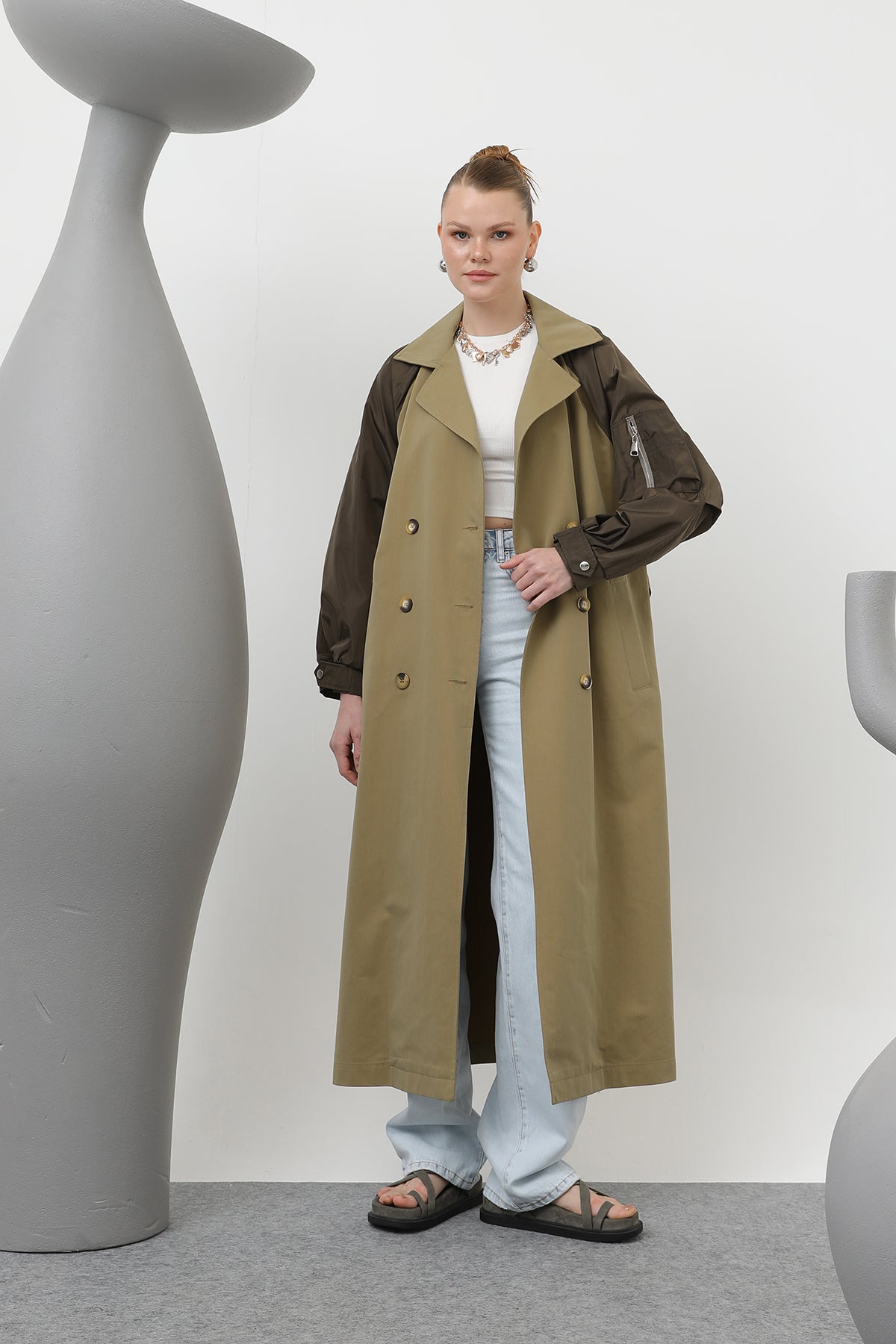 Kadın Kol Fermuar Detaylı Trench - 32138TRC KHAKI-KHAKI
