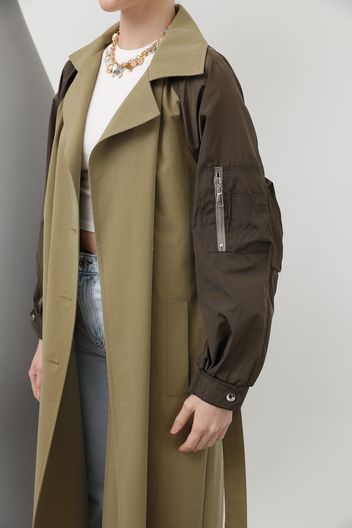 Kadın Kol Fermuar Detaylı Trench - 32138TRC KHAKI-KHAKI